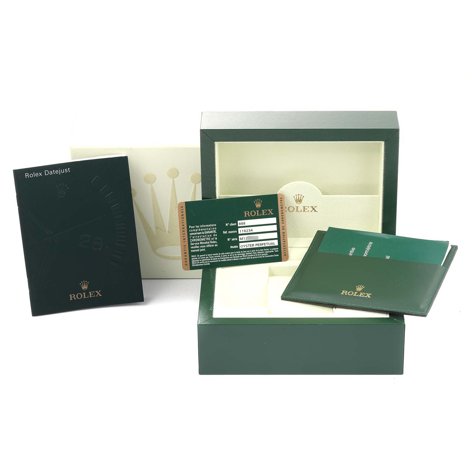 The image shows a Rolex Datejust 116234 Men
s Stainless Steel Black Dial 116234 Men
s Stainless Steel Black Dial watch box, including the warranty card, manual, and certificate card holder.