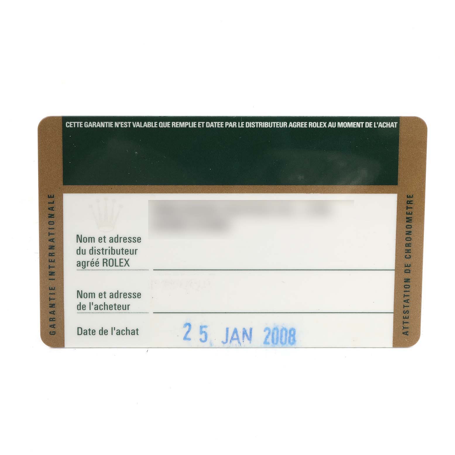 The image shows the warranty card for a Rolex Datejust 116234 Men
s Stainless Steel Black Dial 116234 Men
s Stainless Steel Black Dial watch, including purchase date and details sections.