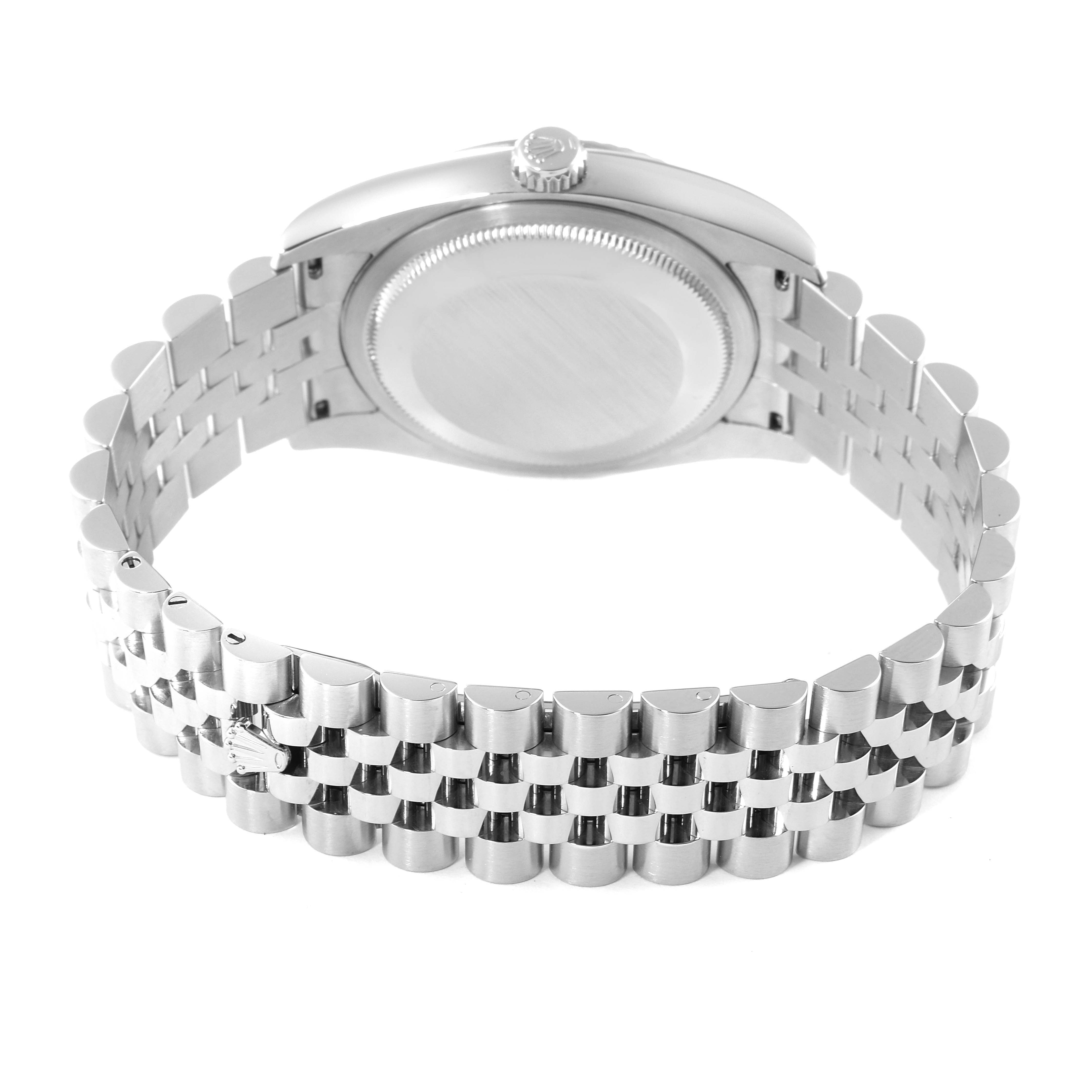 The image shows the back view of a Rolex Datejust 116234 Men's Stainless Steel Black Dial 116234 Men's Stainless Steel Black Dial watch, highlighting its case and Jubilee bracelet.