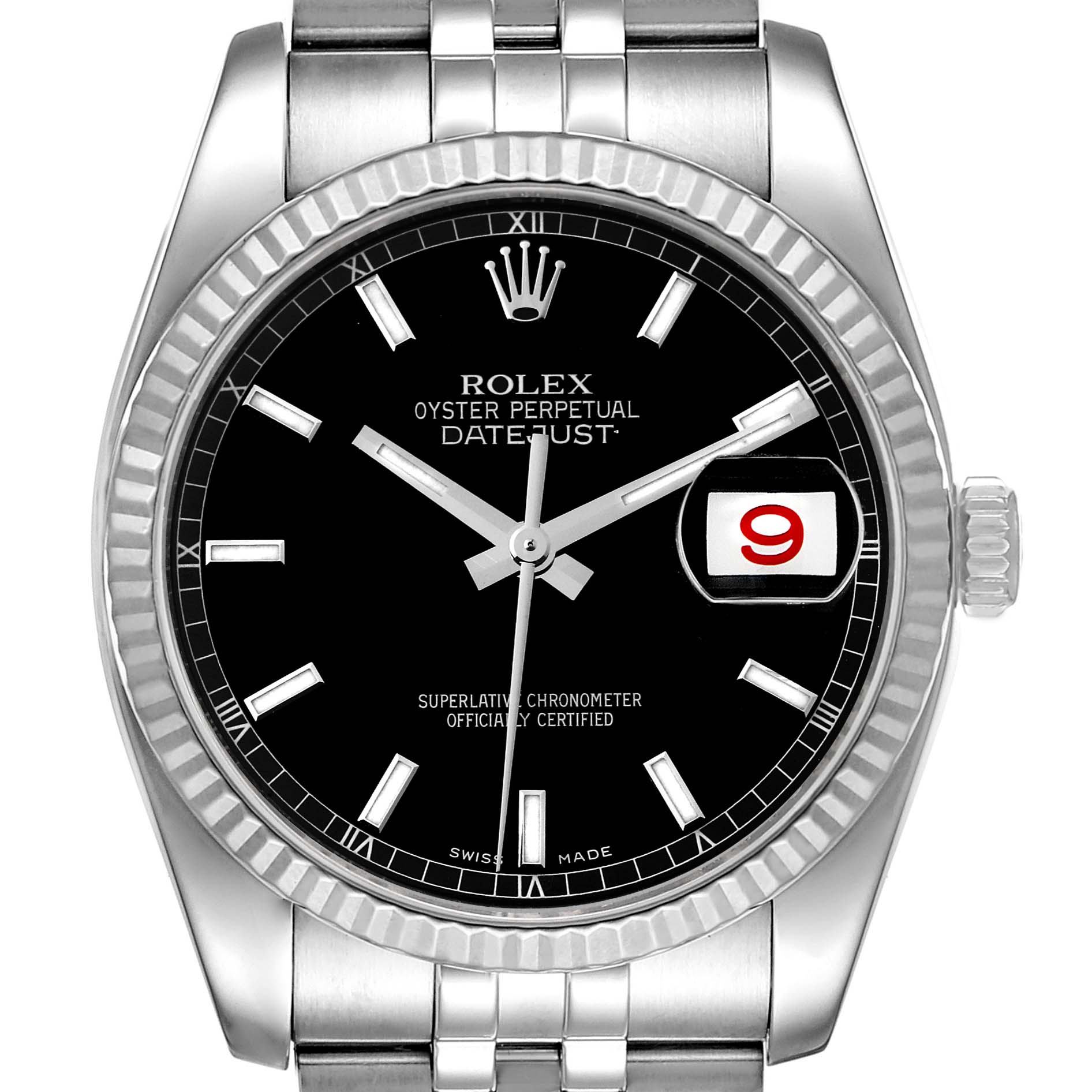 This image shows a frontal view of the Rolex Datejust 116234 Men's Stainless Steel Black Dial 116234 Men's Stainless Steel Black Dial watch, highlighting its black dial, date window, and stainless steel bracelet.