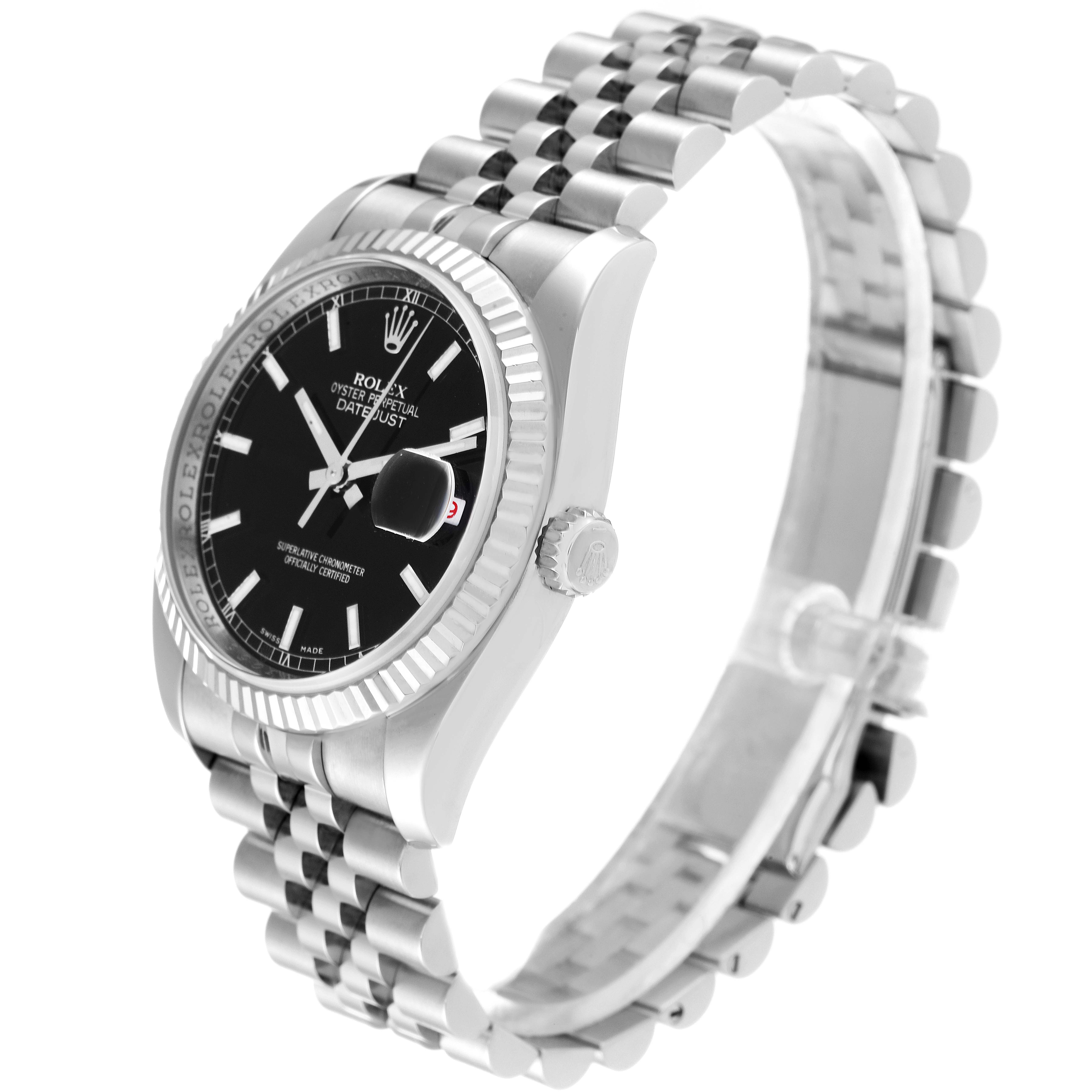 The image shows a Rolex Datejust 116234 Men's Stainless Steel Black Dial 116234 Men's Stainless Steel Black Dial watch at a 3/4 angle, highlighting its dial, crown, bezel, and bracelet.