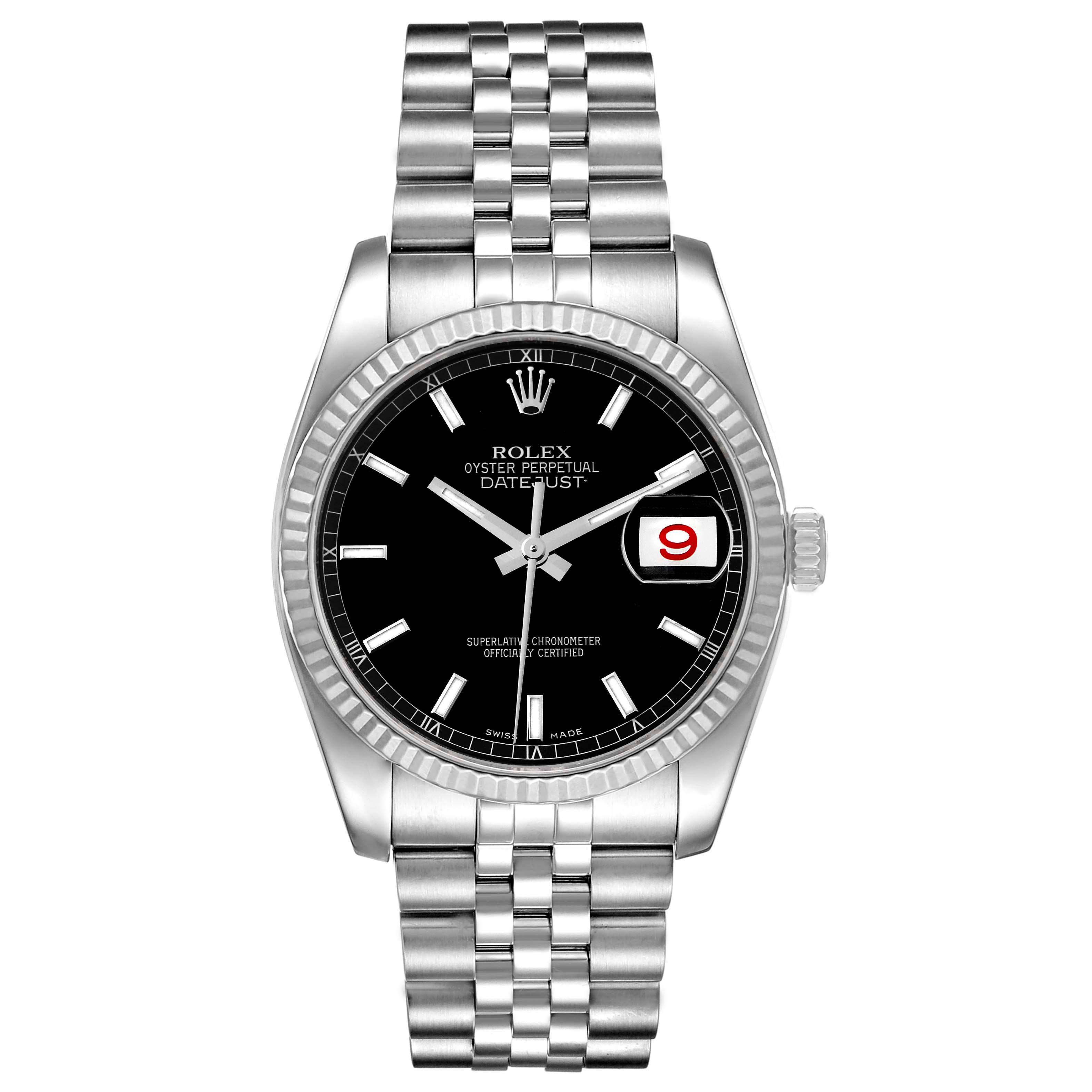 This image shows a front view of the Rolex Datejust 116234 Men's Stainless Steel Black Dial 116234 Men's Stainless Steel Black Dial watch, featuring its face, dial, bracelet, and date window.