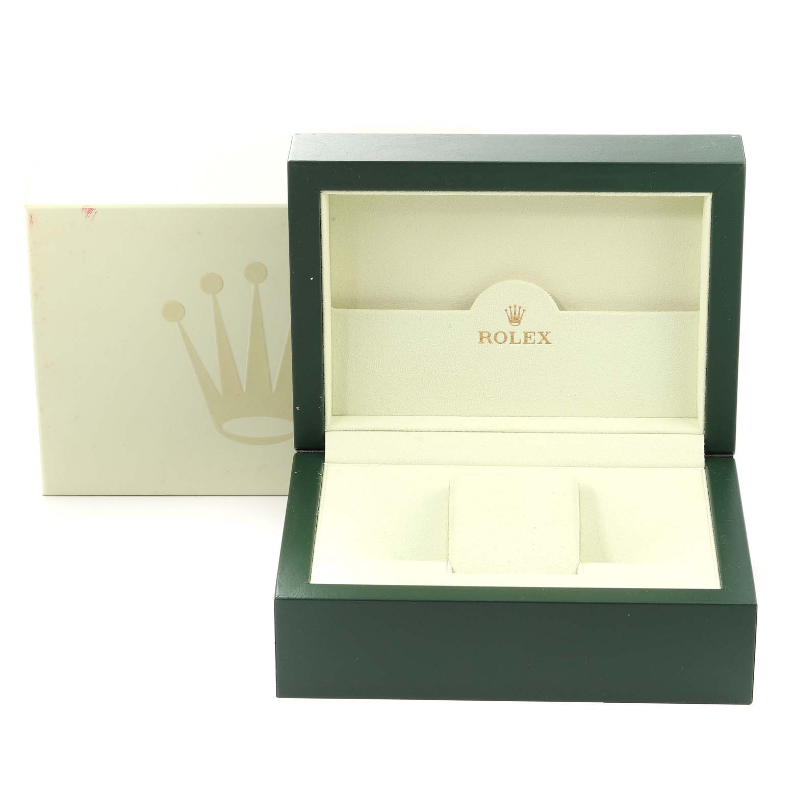 This image shows an open Rolex Datejust 116234 Men's Stainless Steel Black Dial 116234 Men's Stainless Steel Black Dial watch box and its outer packaging, viewed from the front.