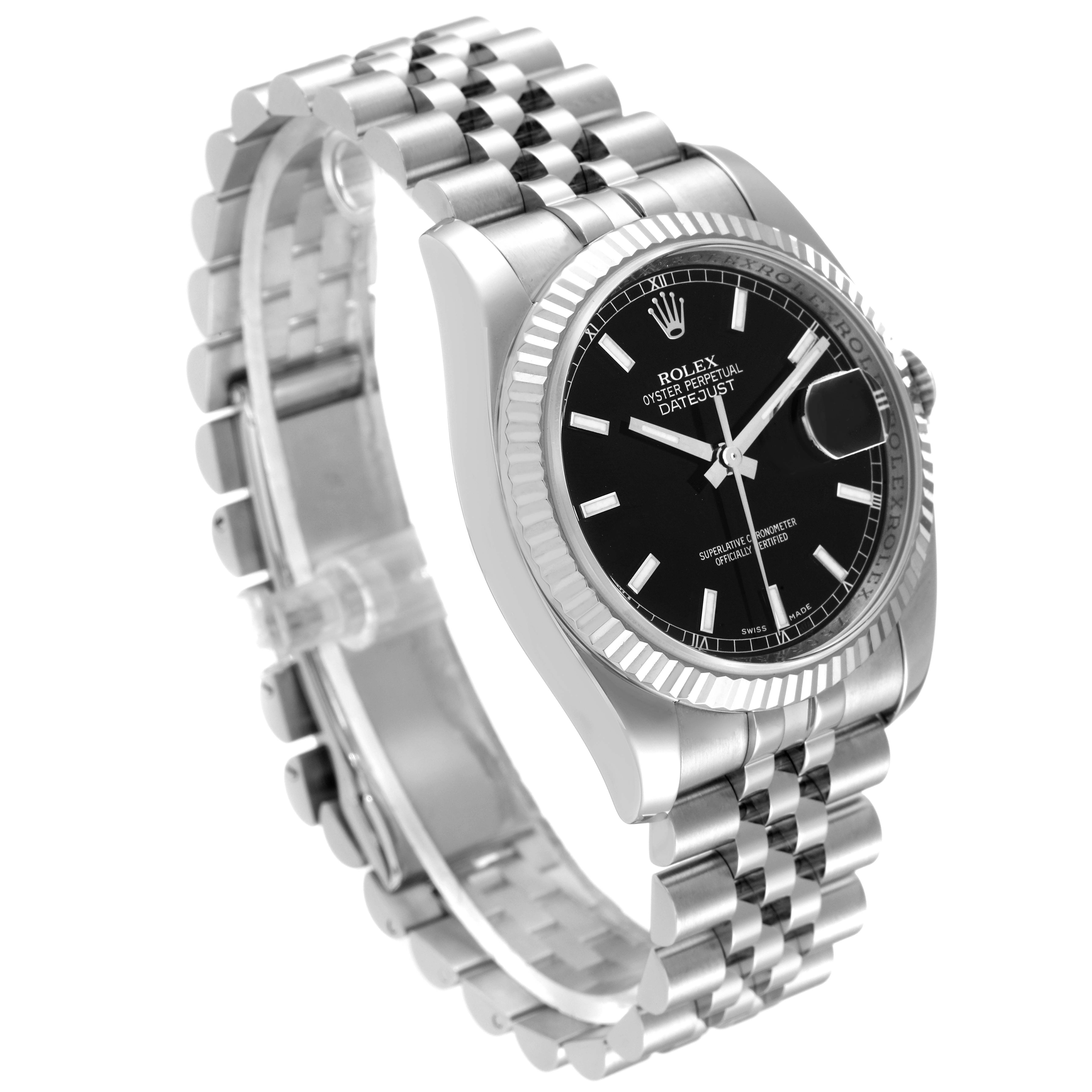 The image shows a Rolex Datejust 116234 Men's Stainless Steel Black Dial 116234 Men's Stainless Steel Black Dial watch at a three-quarter angle, displaying its face, bezel, and jubilee bracelet.