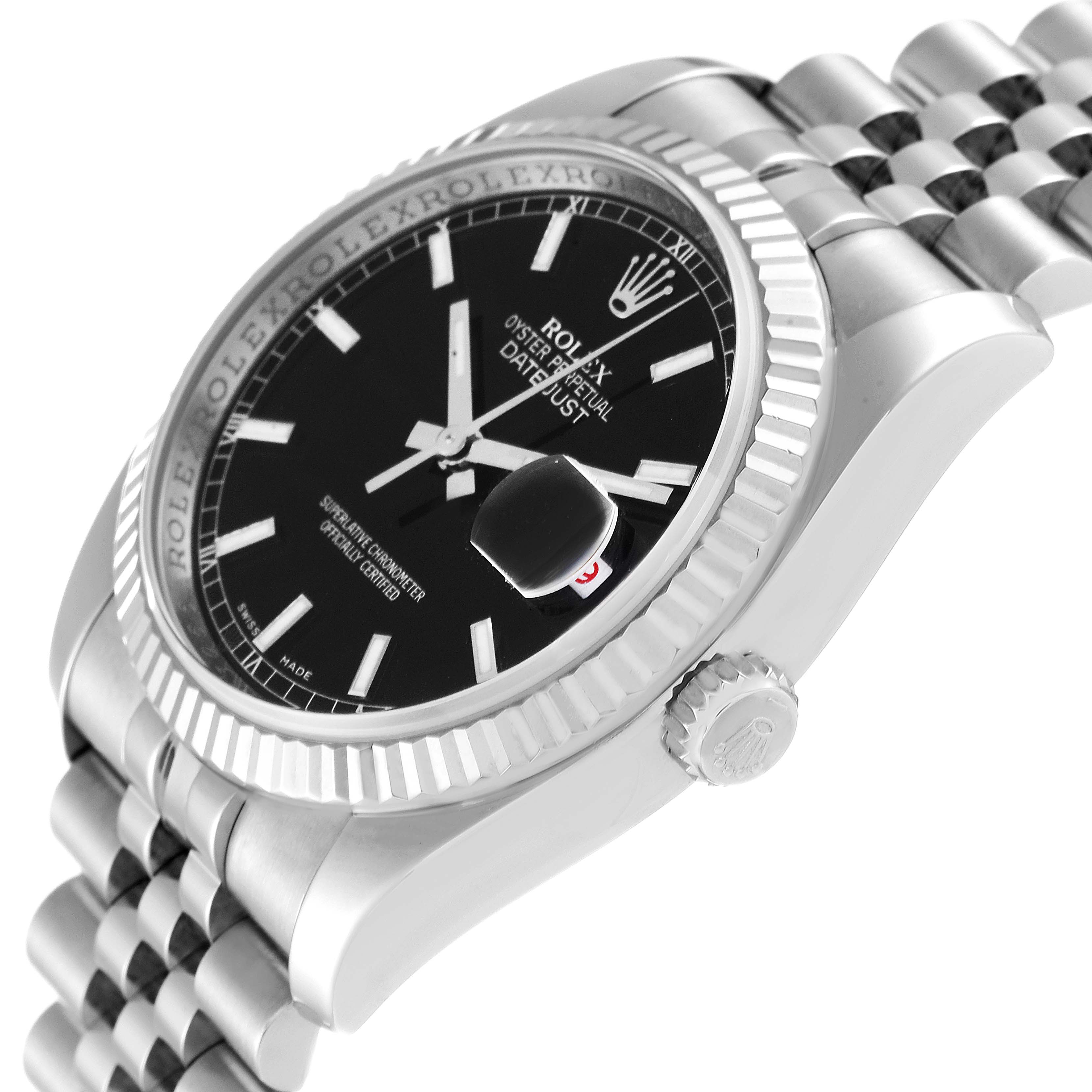 This image shows a side view of the Rolex Datejust 116234 Men's Stainless Steel Black Dial 116234 Men's Stainless Steel Black Dial watch, highlighting the case, bezel, dial, and bracelet.