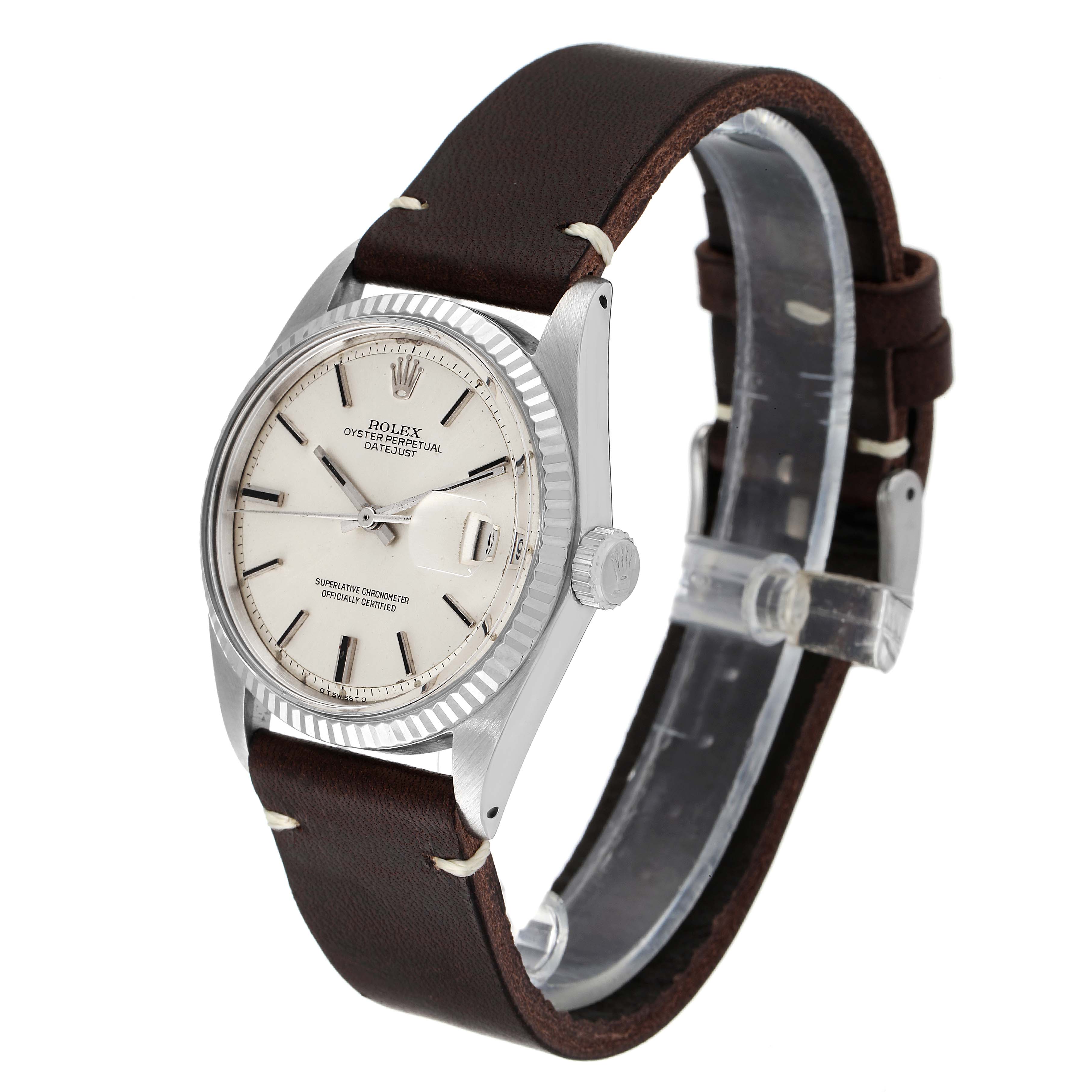 The Rolex Vintage Collection 1601 Men's Stainless Steel Silver Dial 1601 Men's Stainless Steel Silver Dial model watch is shown from a front-side angle, displaying the face, bezel, crown, and leather strap.