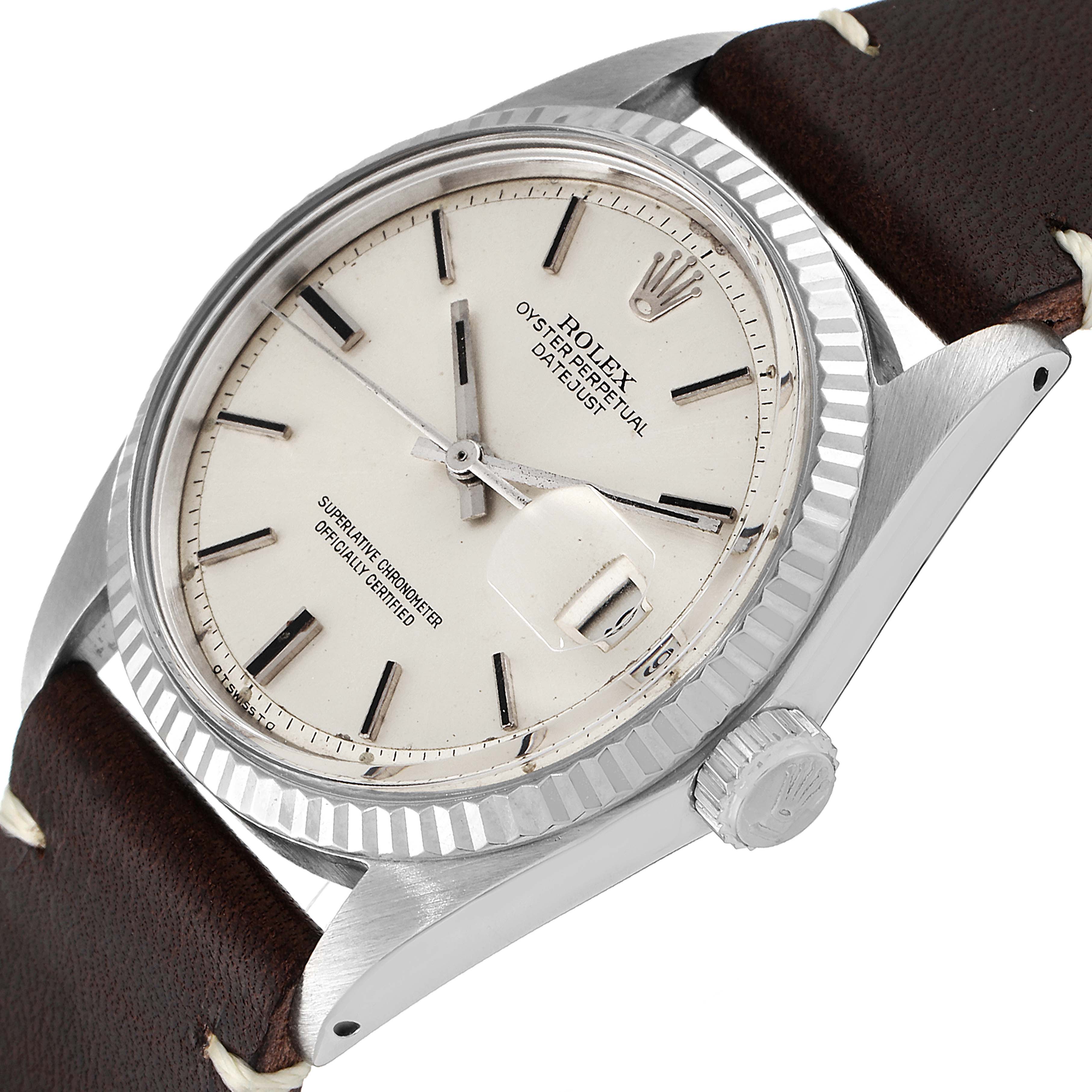 The Rolex Vintage Collection 1601 Men's Stainless Steel Silver Dial 1601 Men's Stainless Steel Silver Dial watch is shown at a three-quarter angle, highlighting the dial, bezel, crown, and leather strap.