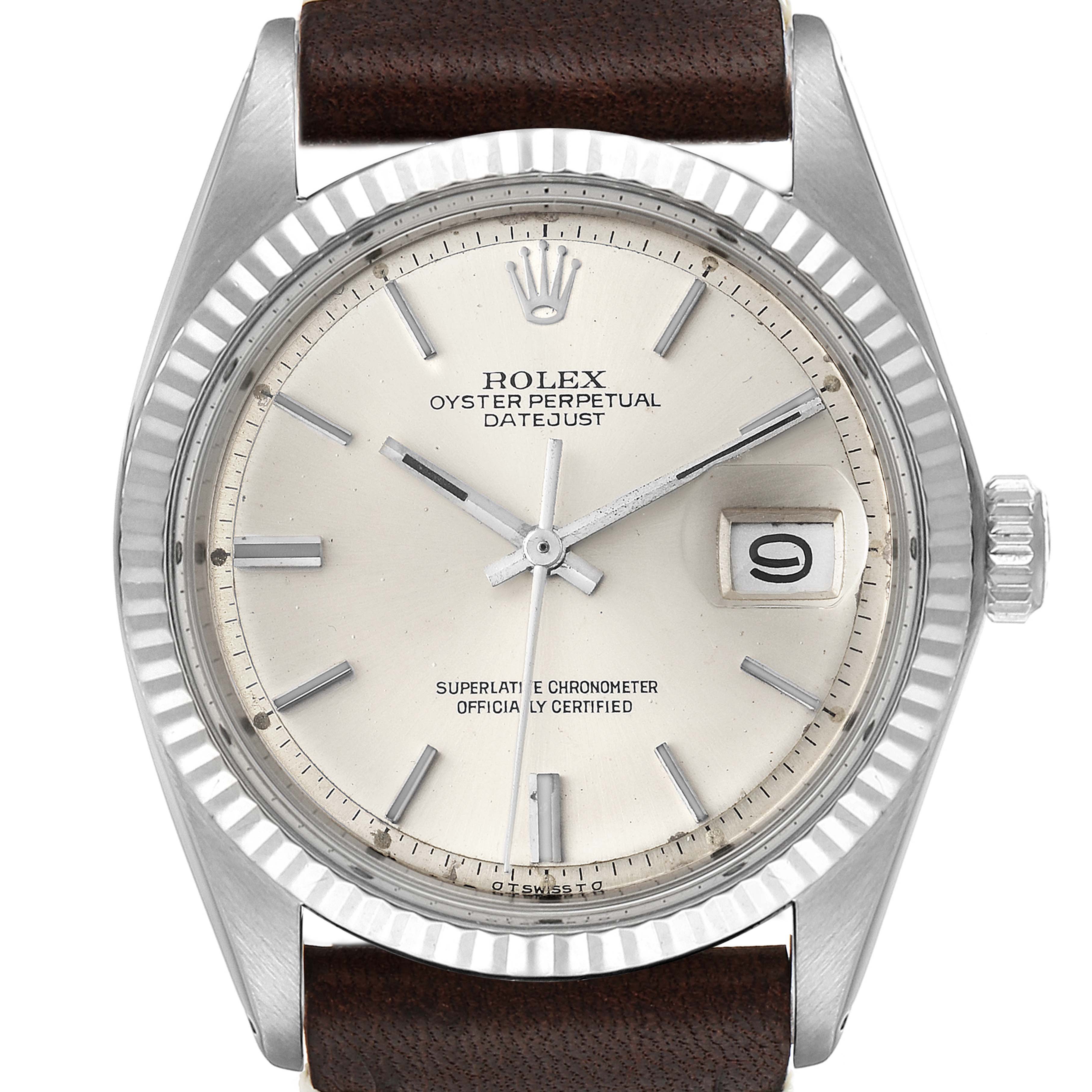 This image shows a front view of a Rolex Vintage Collection 1601 Men's Stainless Steel Silver Dial 1601 Men's Stainless Steel Silver Dial Oyster Perpetual Datejust watch, displaying the dial, hands, crown, and bezel.