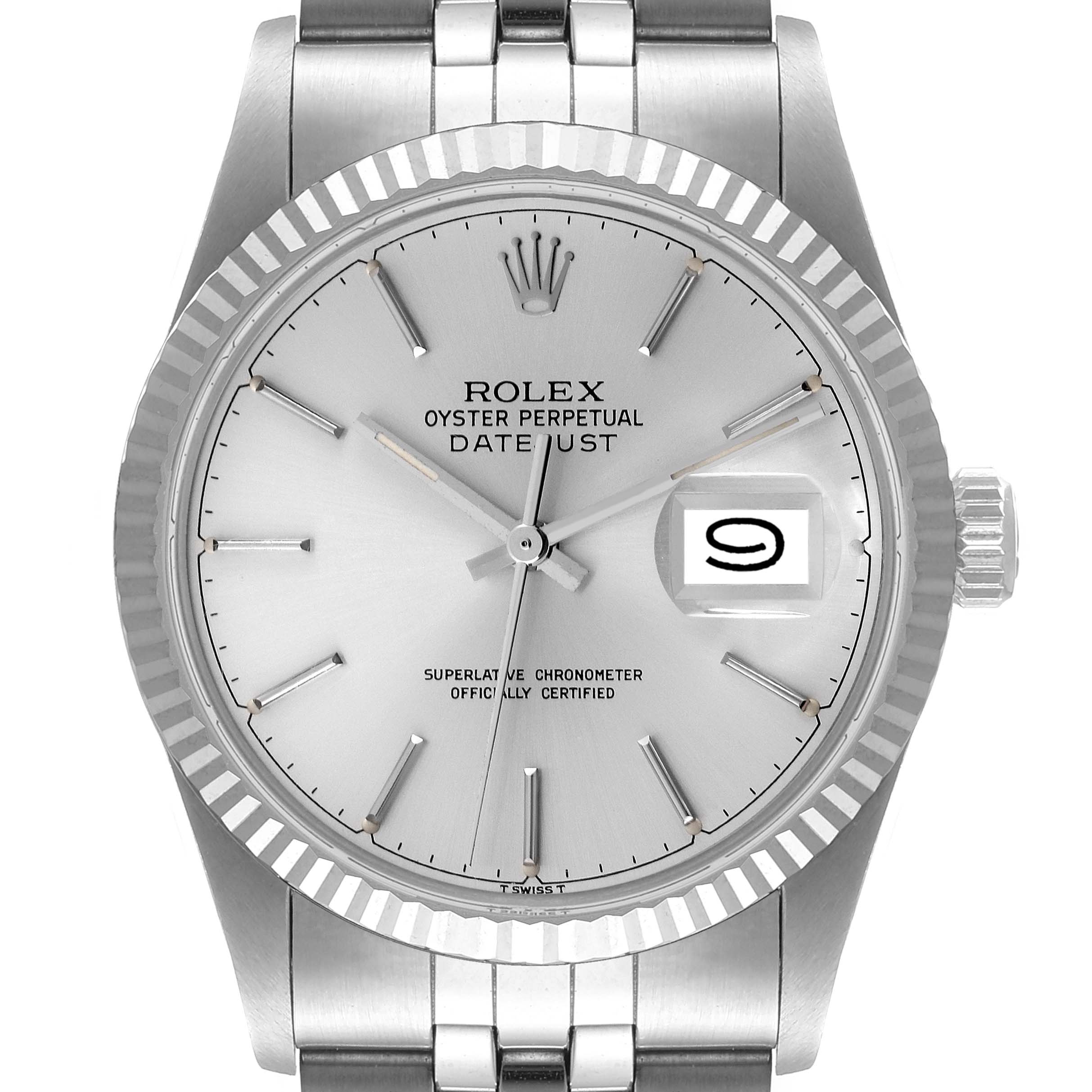 This image shows a frontal view of the Rolex Vintage Collection 16014 Men's Stainless Steel Silver Dial 16014 Men's Stainless Steel Silver Dial Datejust watch, focusing on the dial and bracelet.
