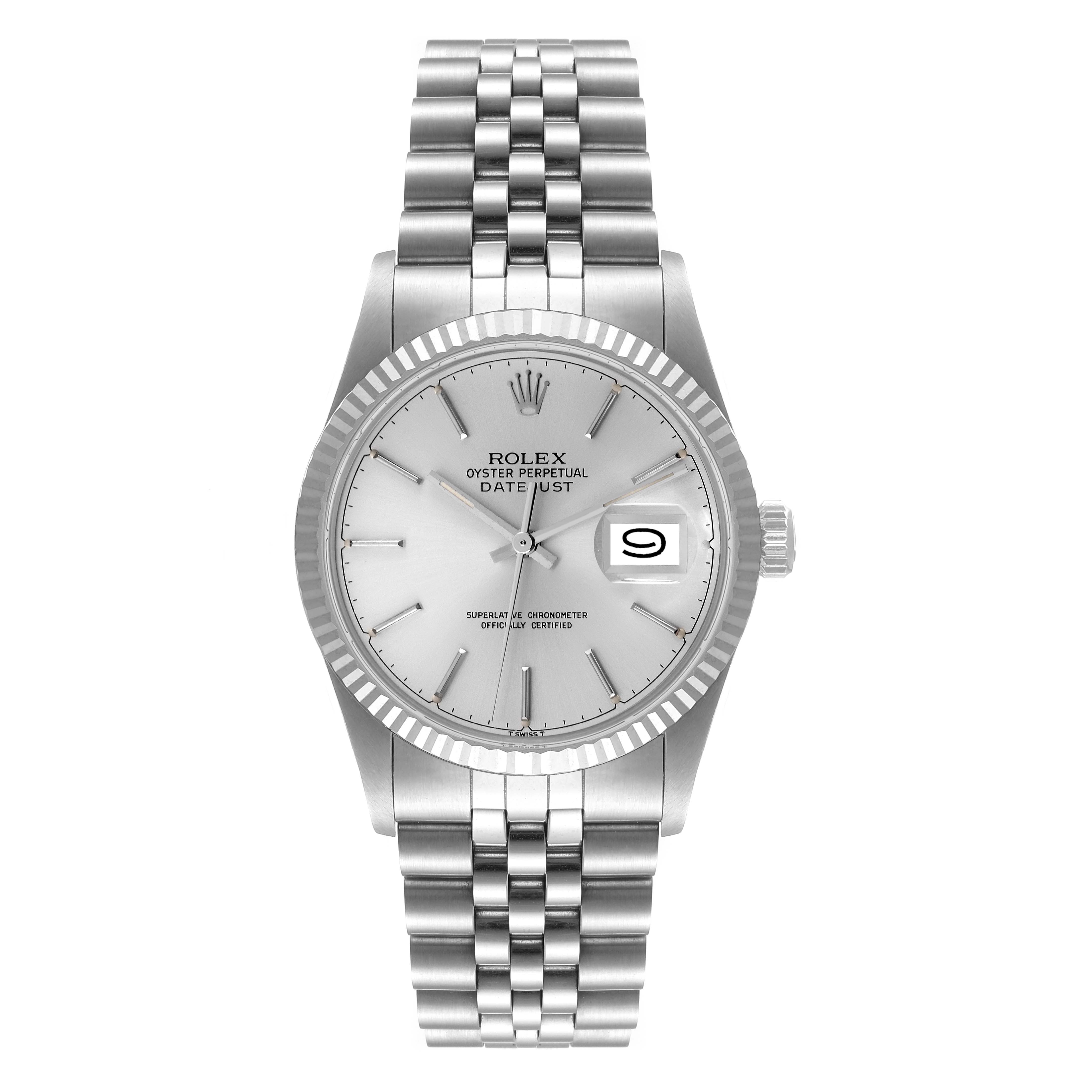 The image shows a front view of the Rolex Vintage Collection 16014 Men's Stainless Steel Silver Dial 16014 Men's Stainless Steel Silver Dial Datejust watch, showcasing the dial, bezel, and bracelet.