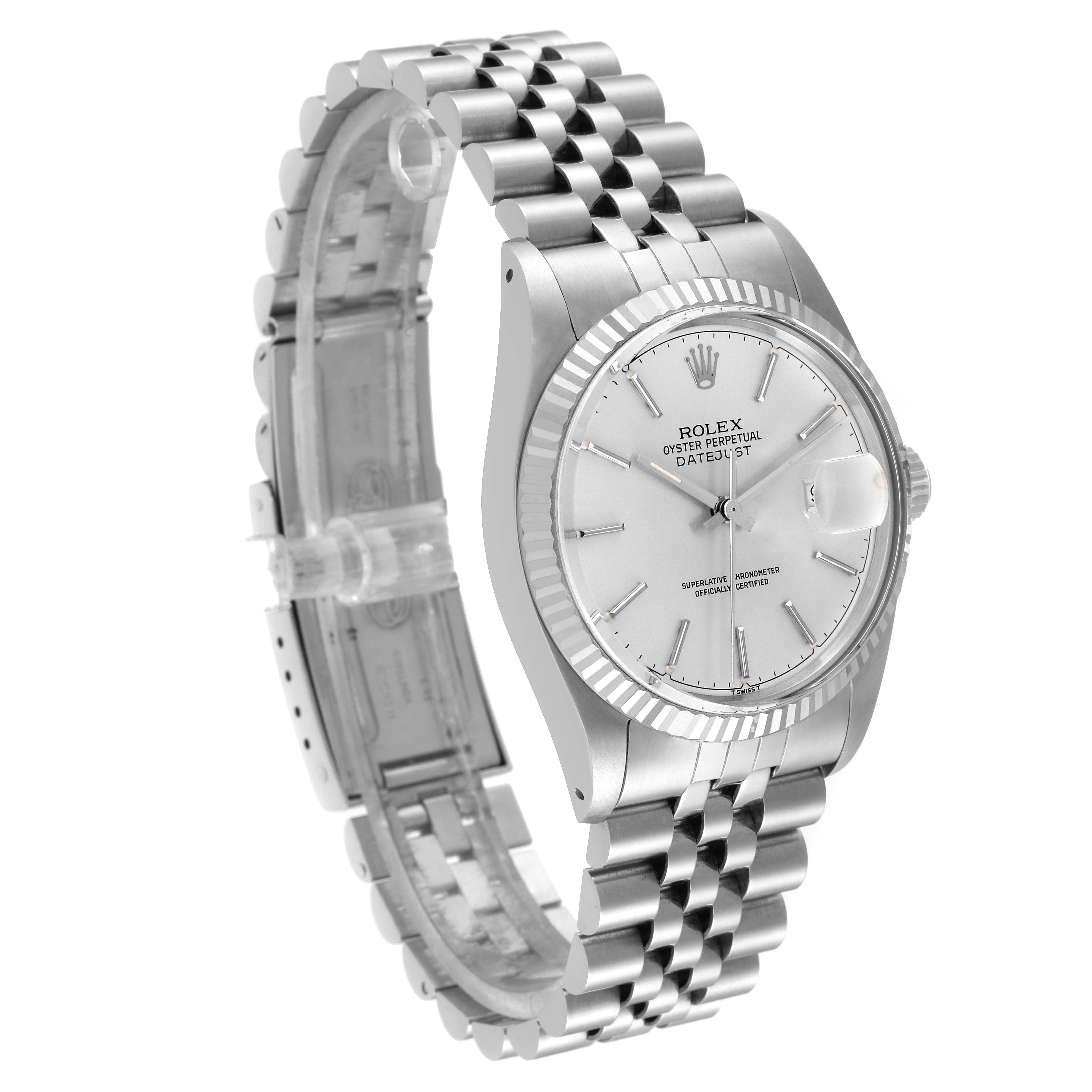 The image shows a side angle of the Rolex Vintage Collection 16014 Men's Stainless Steel Silver Dial 16014 Men's Stainless Steel Silver Dial watch, displaying its face, bezel, and linked bracelet.