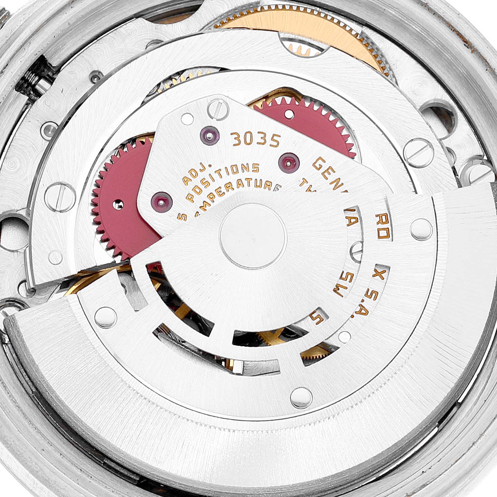 This image shows a close-up view of the internal mechanism of a Vintage Collection Rolex watch, model 3035.