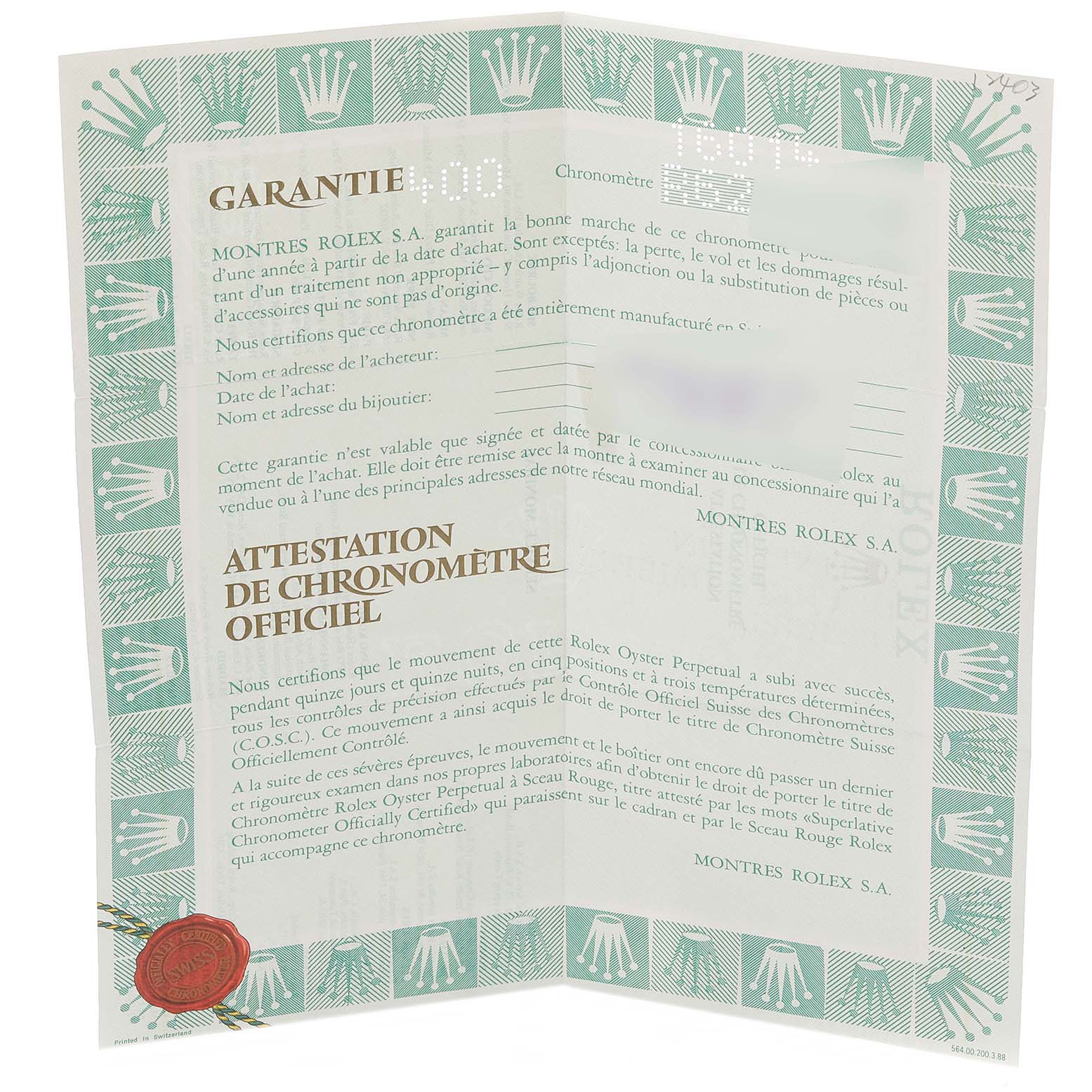 This image shows the official chronometer certificate and warranty paper for the Rolex Vintage Collection 16014 Men's Stainless Steel Silver Dial 16014 Men's Stainless Steel Silver Dial model.