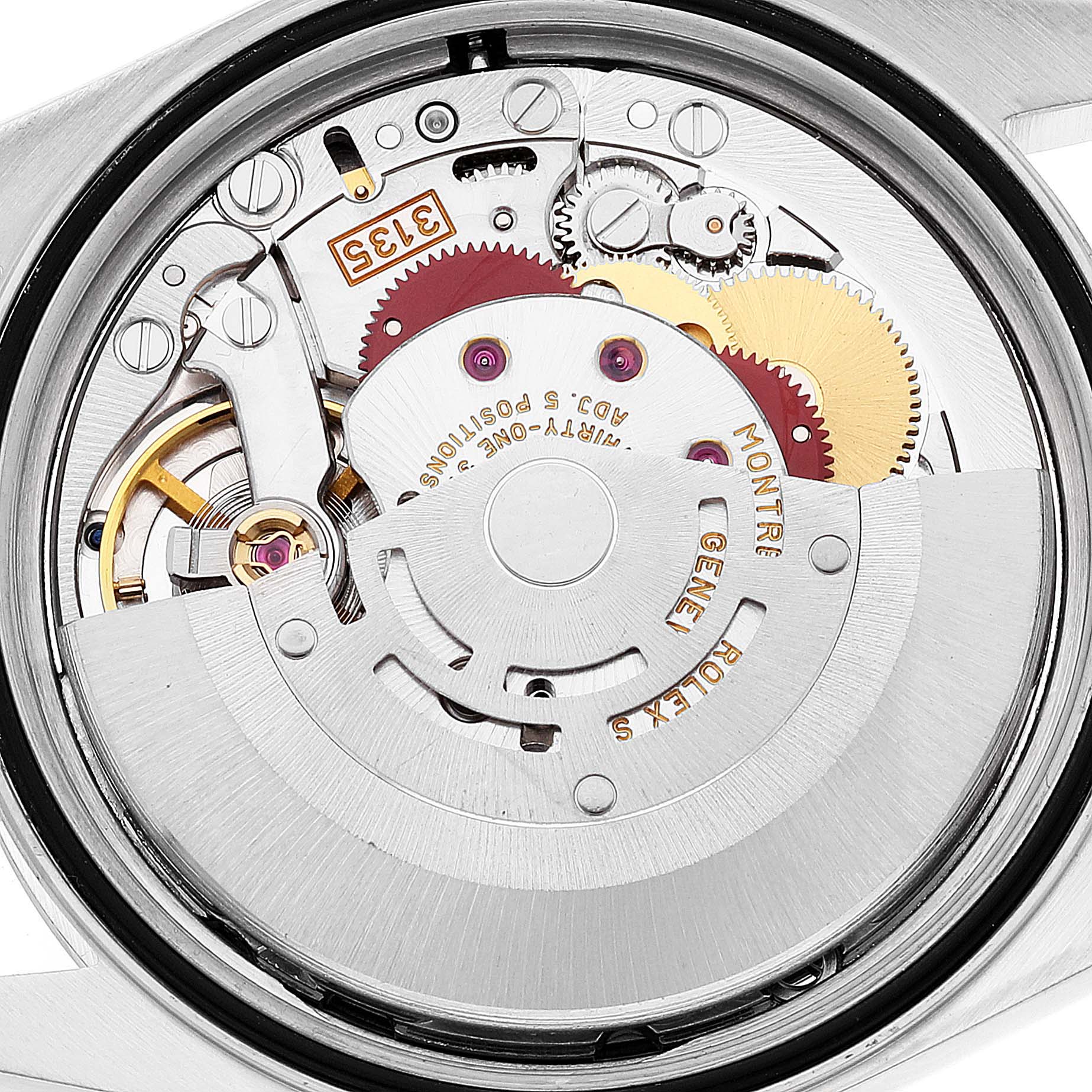 This image shows the detailed mechanical movement and inner components of a Rolex Datejust 16234 Men's Stainless Steel Silver Dial 16234 Men's Stainless Steel Silver Dial watch at a close angle.