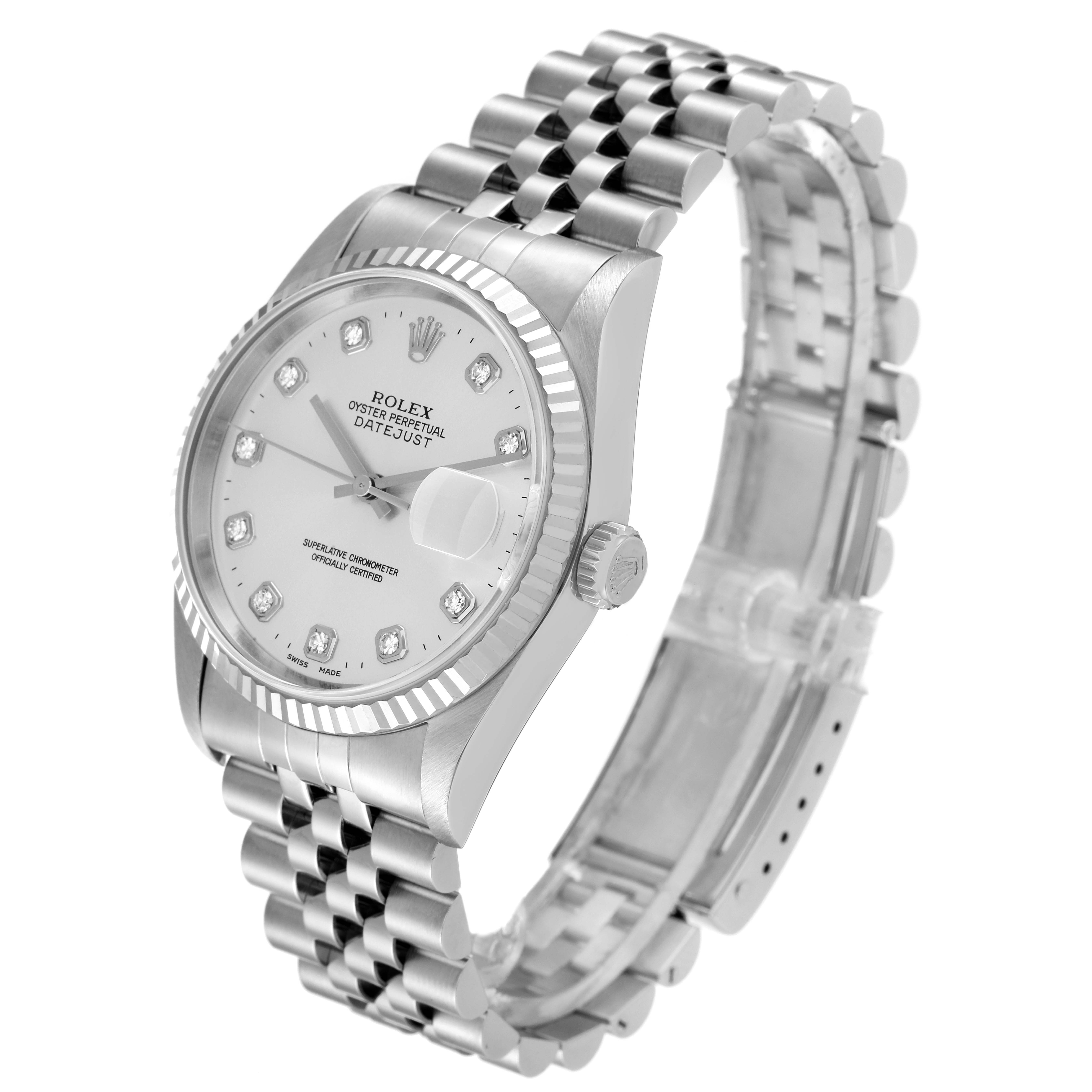 The image shows a Rolex Datejust 16234 Men's Stainless Steel Silver Dial 16234 Men's Stainless Steel Silver Dial watch from a front angle, displaying its bezel, dial, crown, and bracelet.