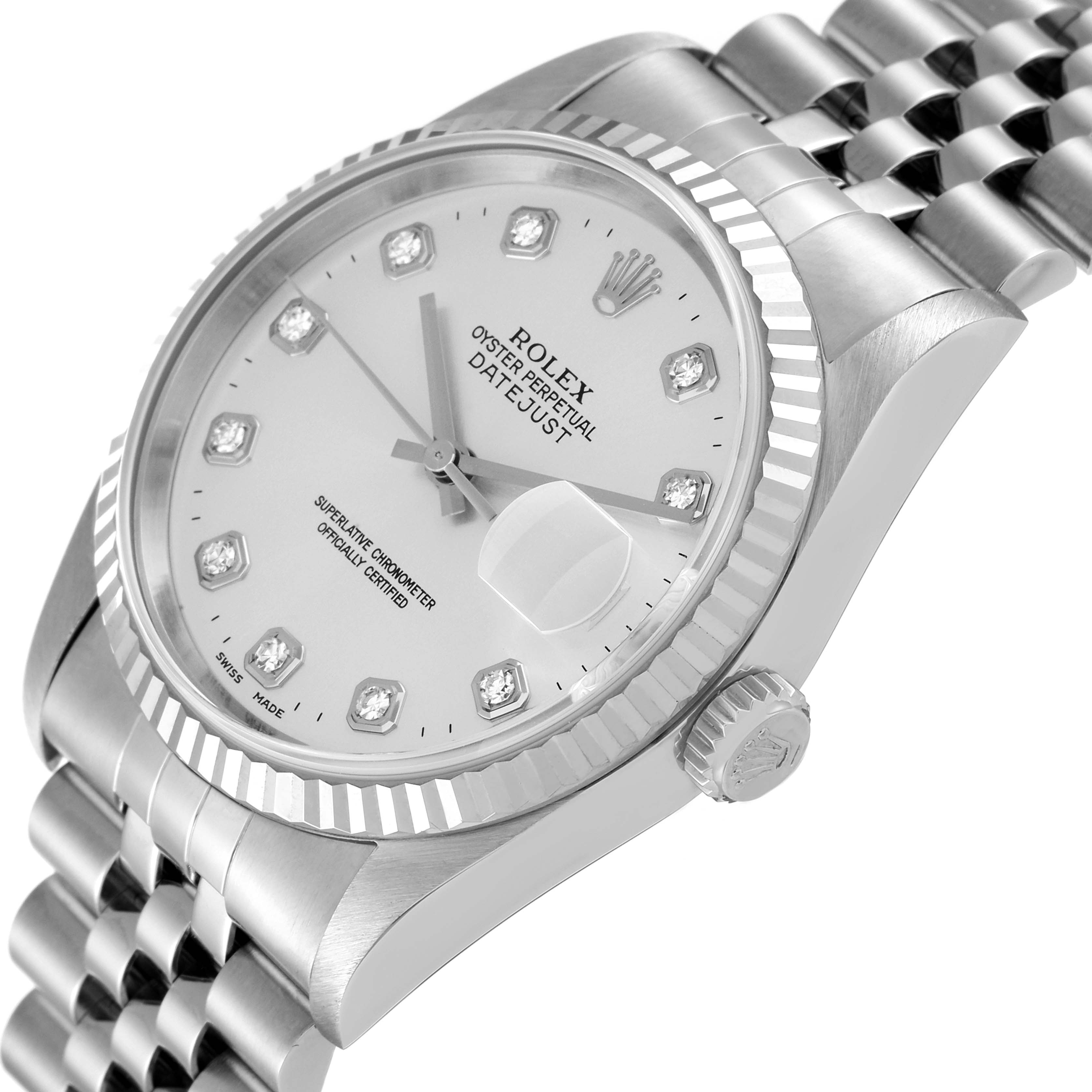 The image shows a close-up angle of a Rolex Datejust 16234 Men's Stainless Steel Silver Dial 16234 Men's Stainless Steel Silver Dial watch, highlighting the dial, bezel, and part of the bracelet.