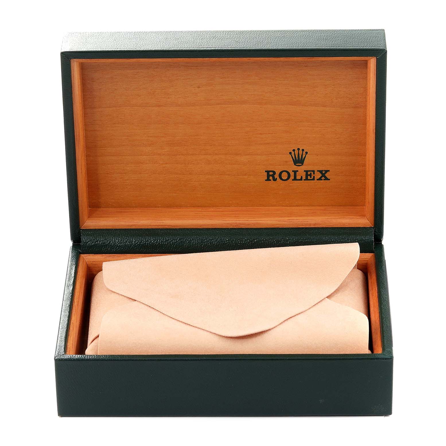 This image shows the open box and protective pouch for a Rolex Datejust 16234 Men's Stainless Steel Silver Dial 16234 Men's Stainless Steel Silver Dial watch.