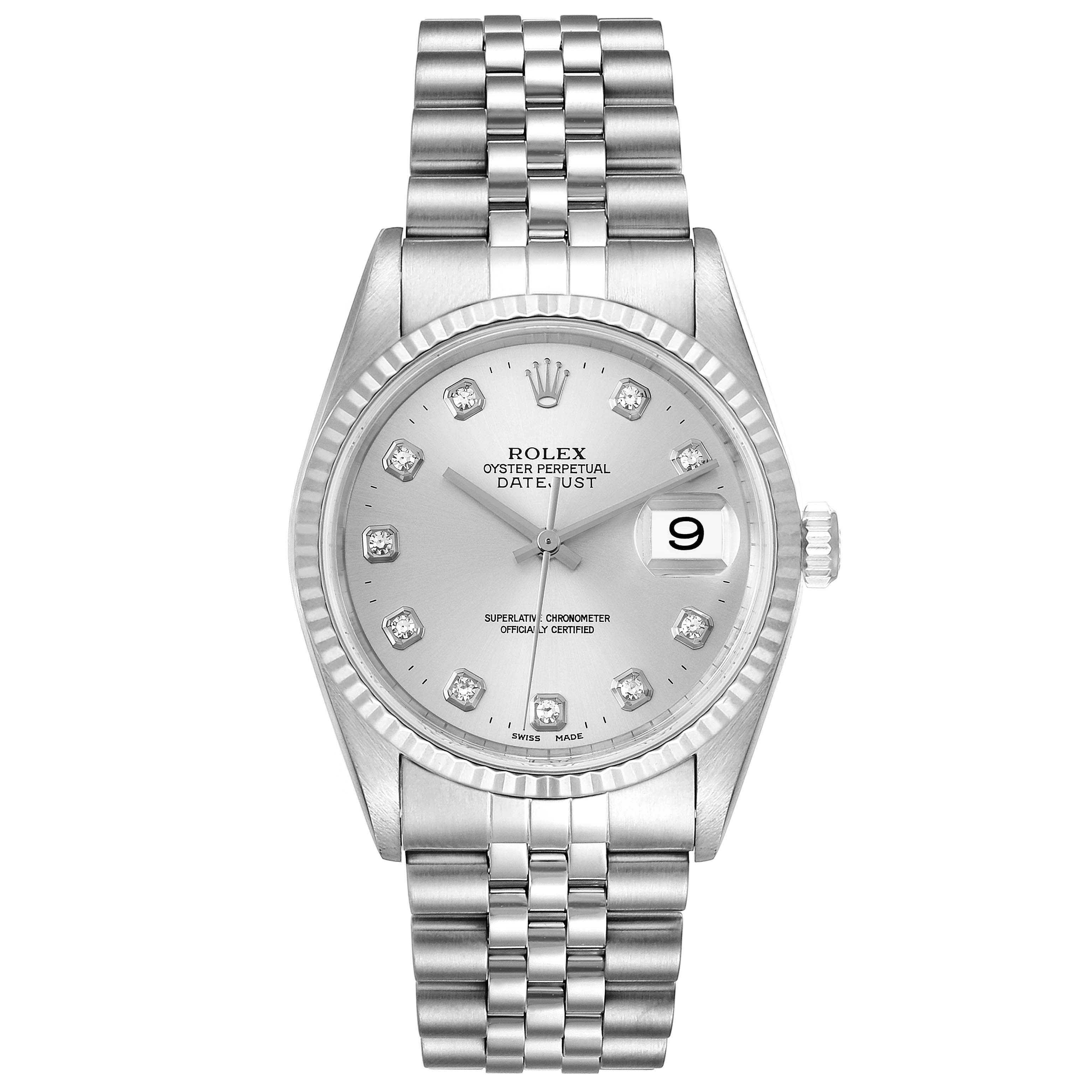 The image shows a front view of a Rolex Datejust 16234 Men's Stainless Steel Silver Dial 16234 Men's Stainless Steel Silver Dial watch with a silver dial, date display, and jubilee bracelet.