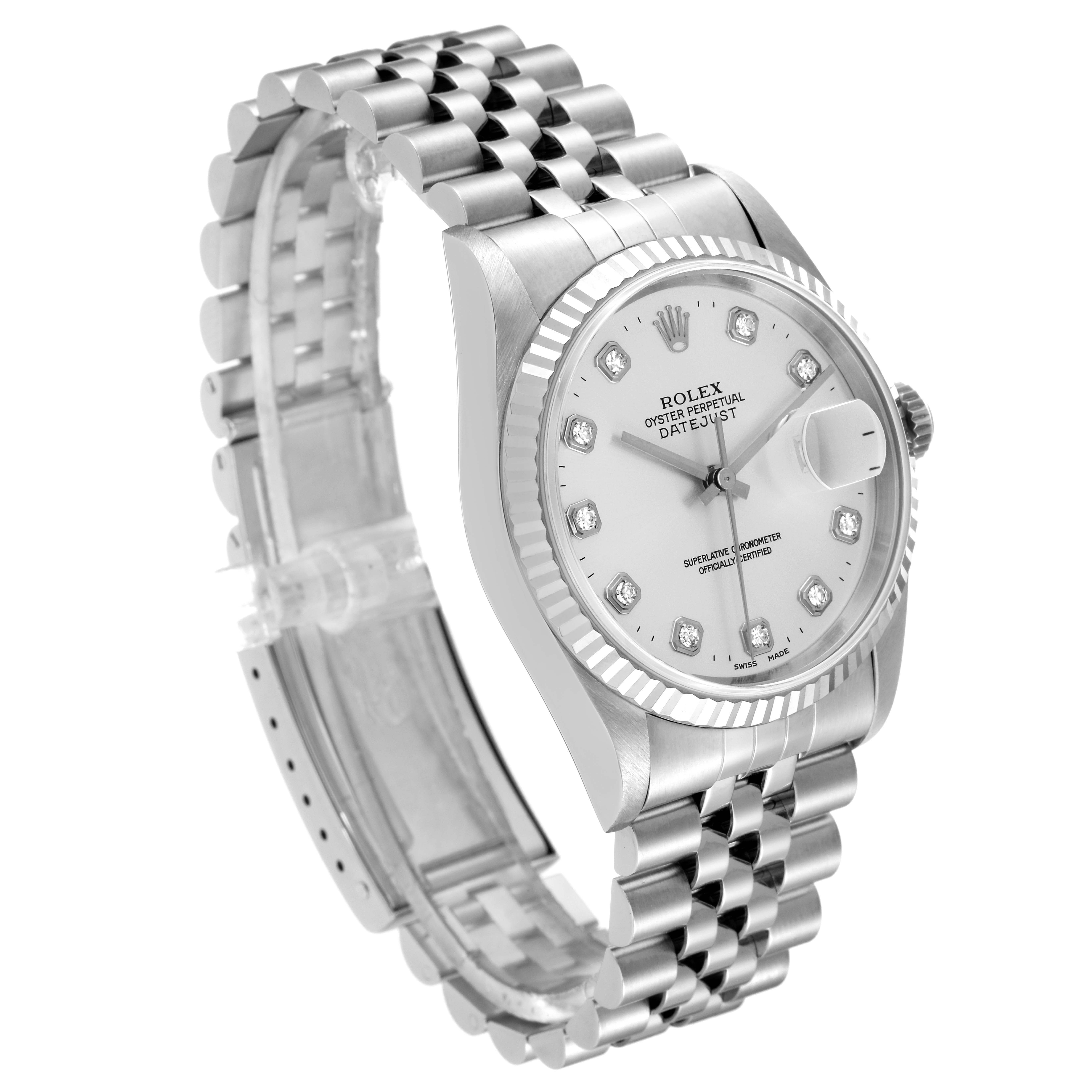 This image shows the Rolex Datejust 16234 Men's Stainless Steel Silver Dial 16234 Men's Stainless Steel Silver Dial watch at a three-quarter angle, highlighting the face, bezel, and bracelet.