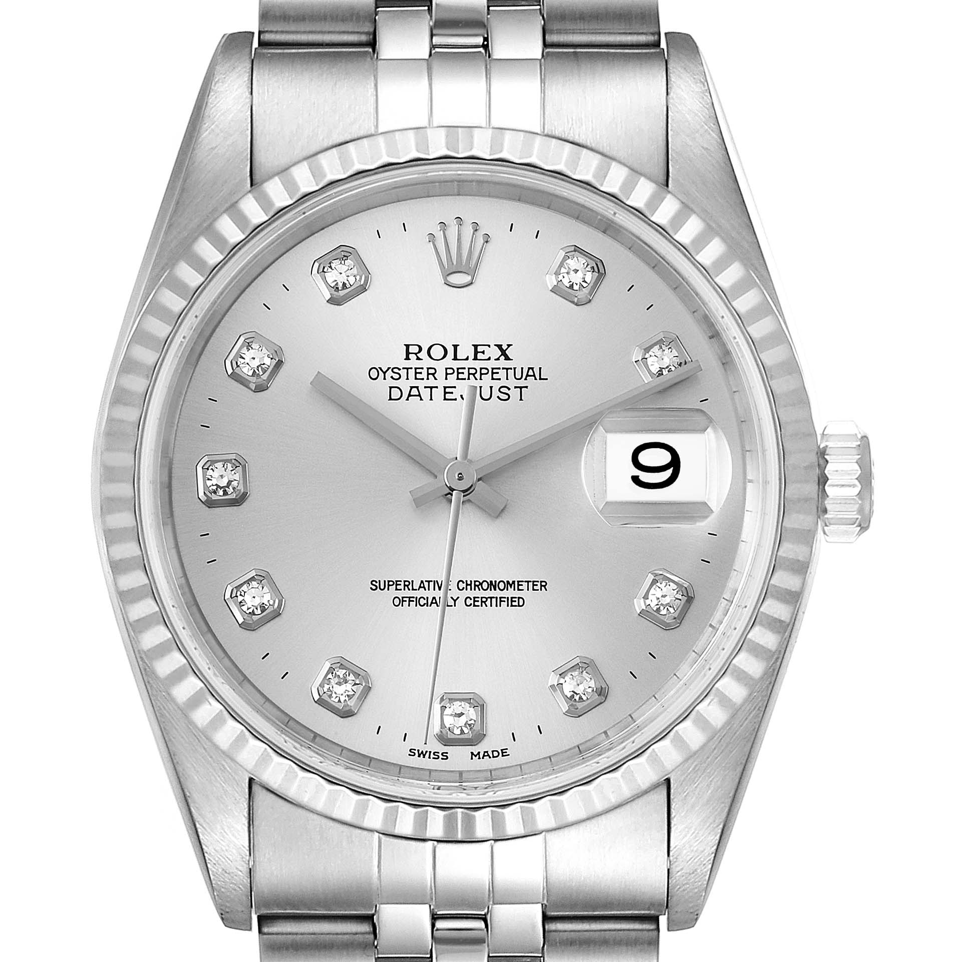 The image shows a front view of a Rolex Datejust 16234 Men's Stainless Steel Silver Dial 16234 Men's Stainless Steel Silver Dial watch, featuring its dial, bezel, crown, and part of the bracelet.