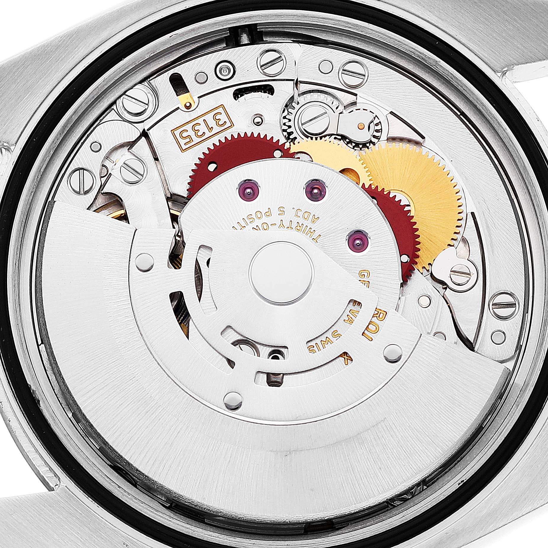This image shows the internal mechanical parts of a Rolex Datejust 116234 Men's Stainless Steel White Dial 116234 Men's Stainless Steel White Dial watch from a close-up angle.