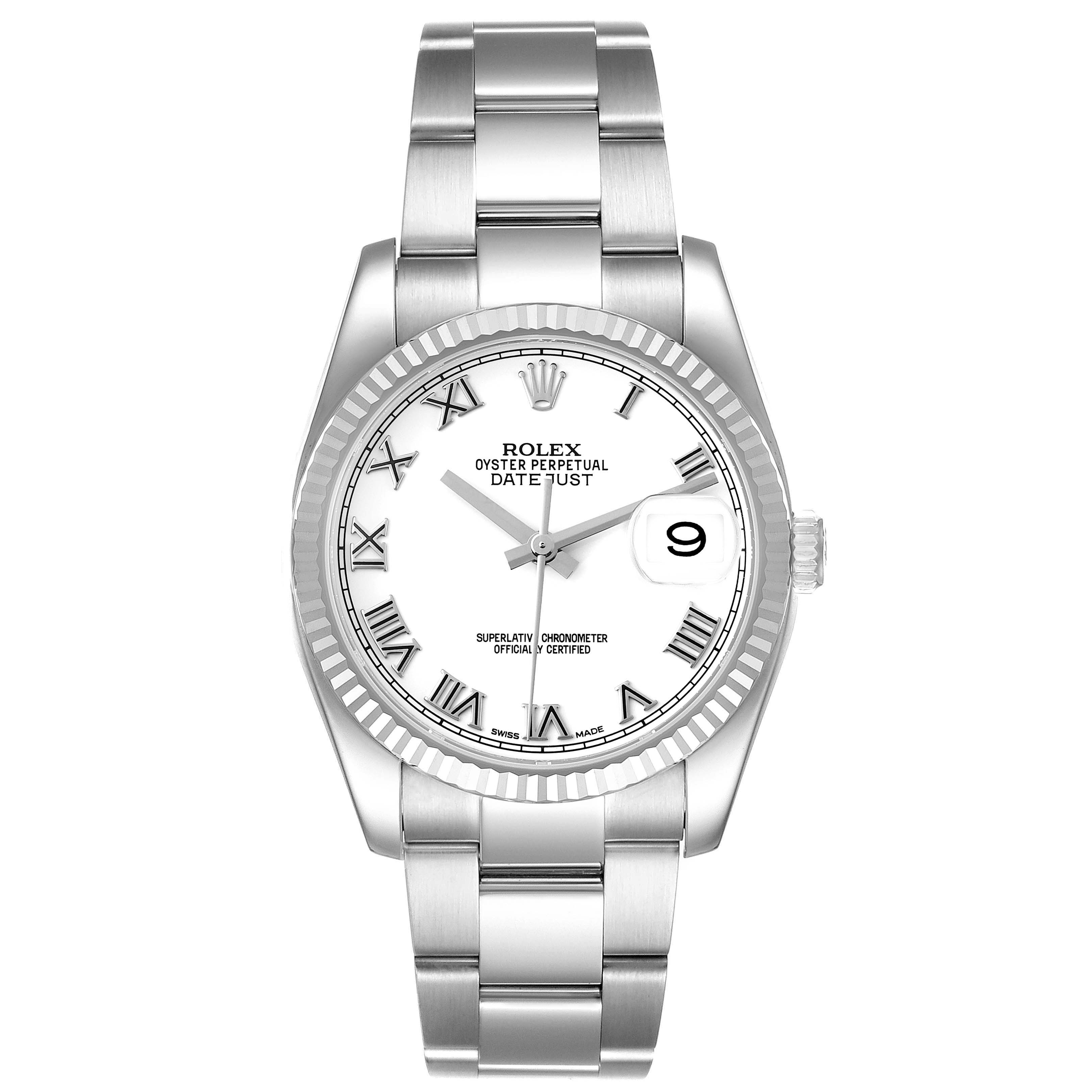 This image shows a front view of a Rolex Datejust 116234 Men's Stainless Steel White Dial 116234 Men's Stainless Steel White Dial watch, displaying the dial, bezel, and bracelet.