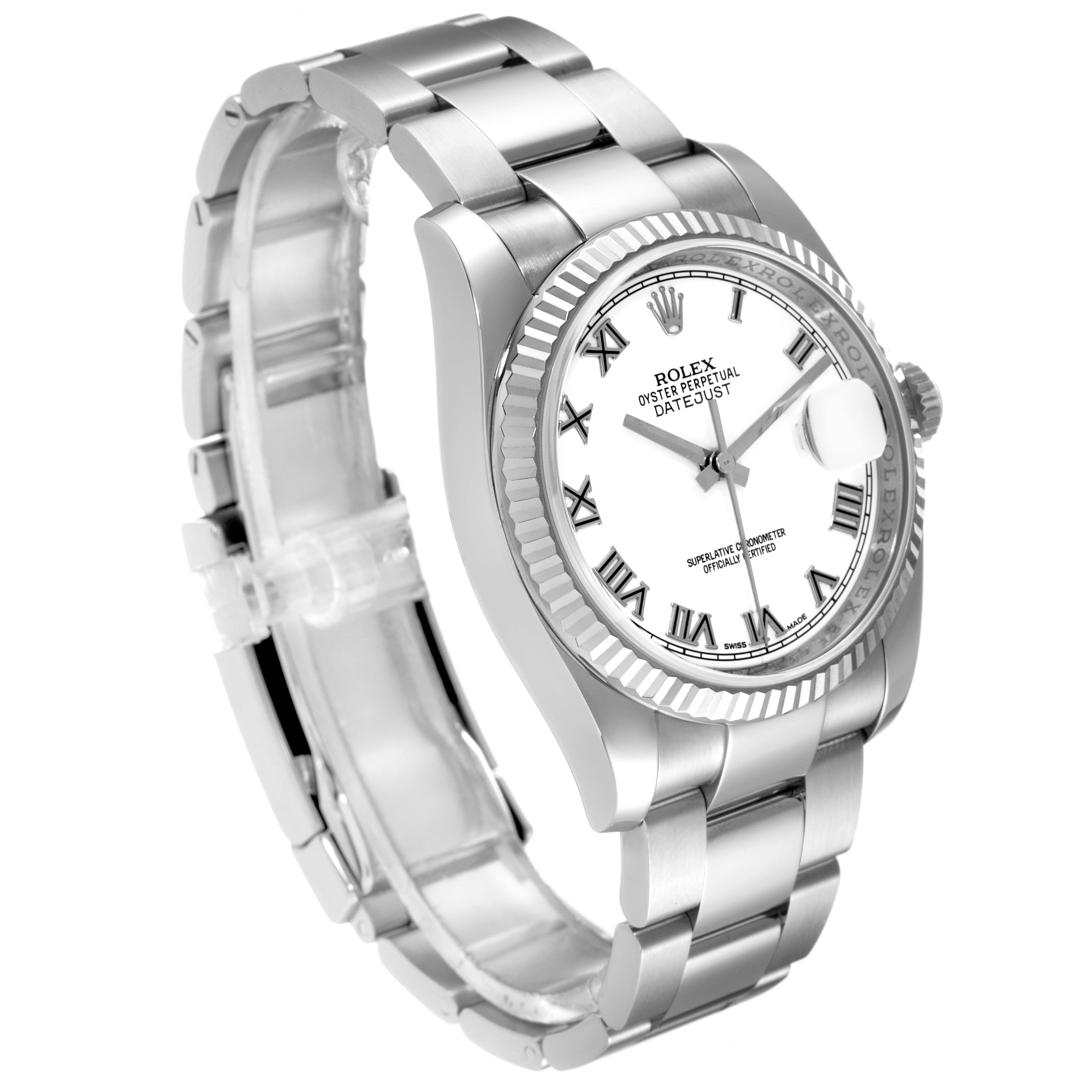 The image shows a Rolex Datejust 116234 Men's Stainless Steel White Dial 116234 Men's Stainless Steel White Dial watch from an angled side view, highlighting the bracelet, face, and fluted bezel.