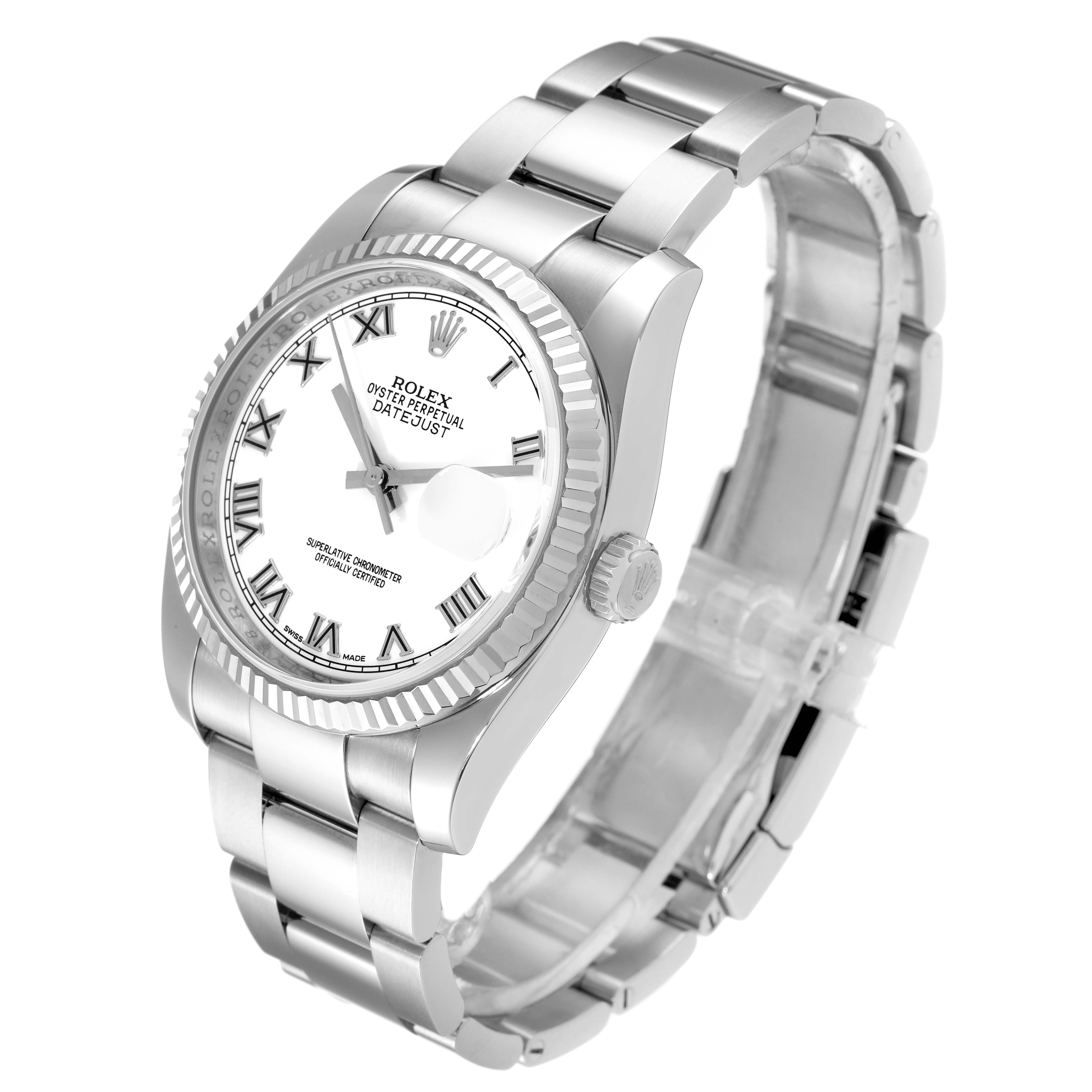 The Rolex Datejust 116234 Men's Stainless Steel White Dial 116234 Men's Stainless Steel White Dial watch is shown at a 3/4 angle, displaying the dial, bezel, crown, and bracelet.