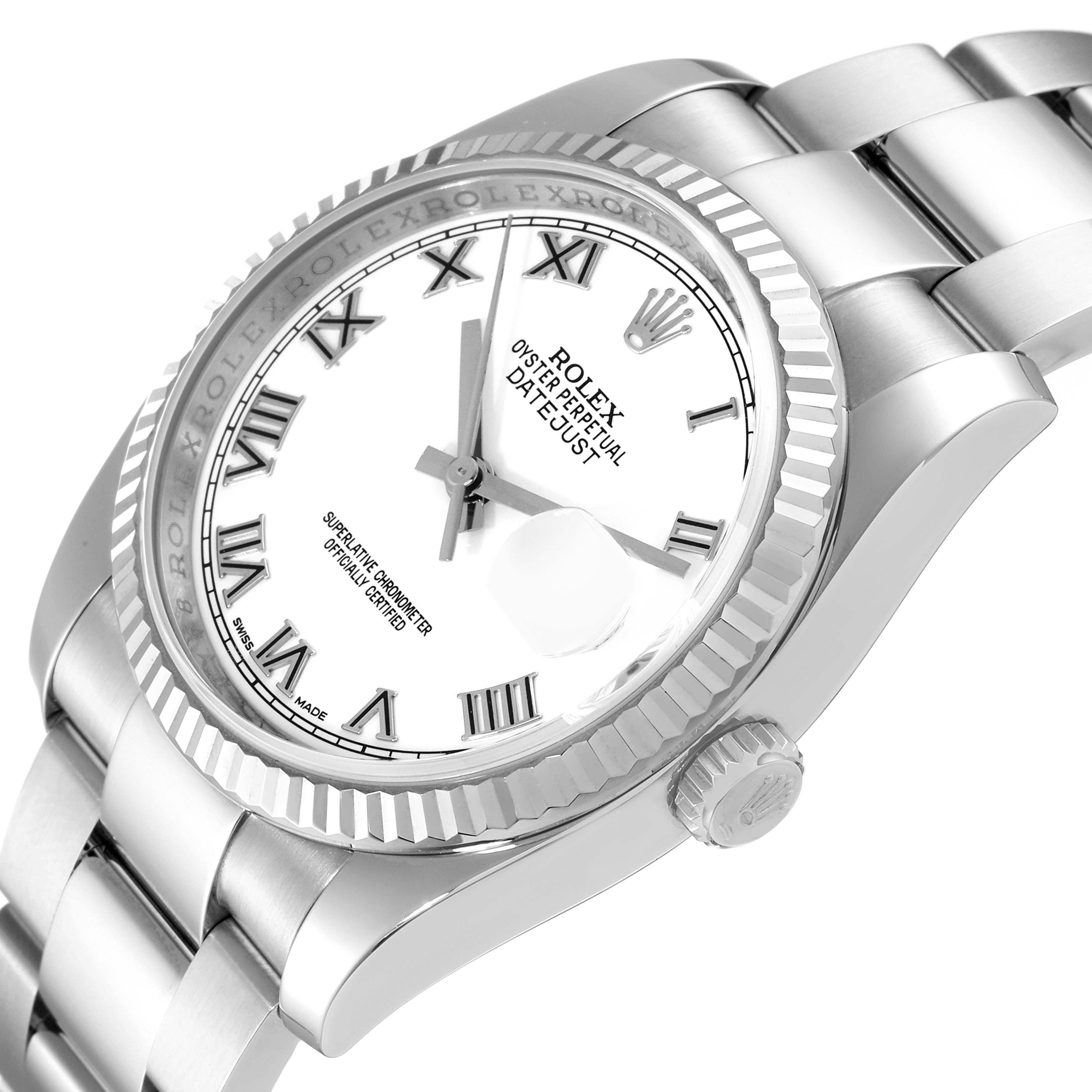 The image shows a close-up angle of the Rolex Datejust 116234 Men's Stainless Steel White Dial 116234 Men's Stainless Steel White Dial watch, highlighting its face, bezel, band, and crown.
