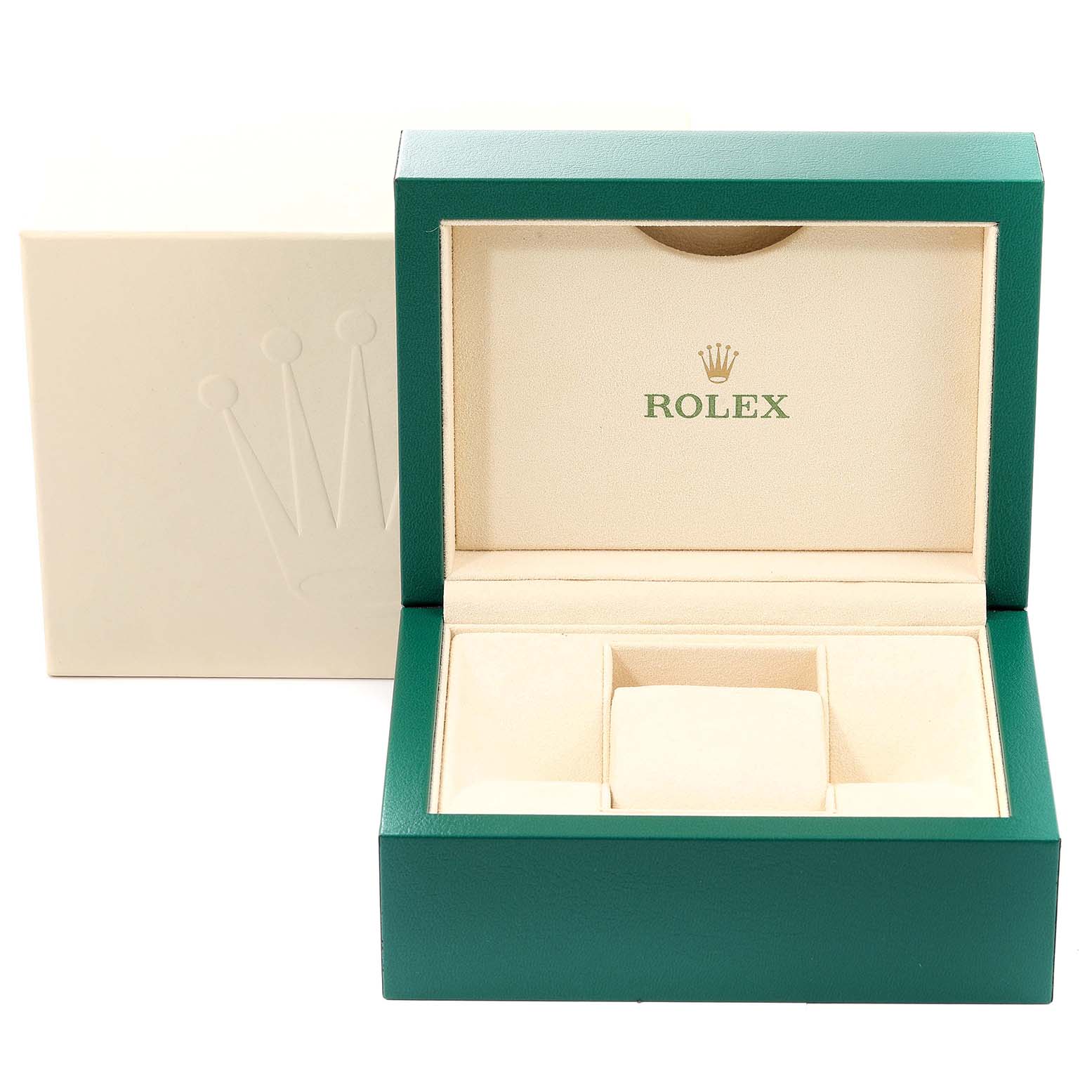 This image shows the open box of a Rolex Datejust 116234 Men's Stainless Steel White Dial 116234 Men's Stainless Steel White Dial, revealing the Rolex logo and cushion for the watch.