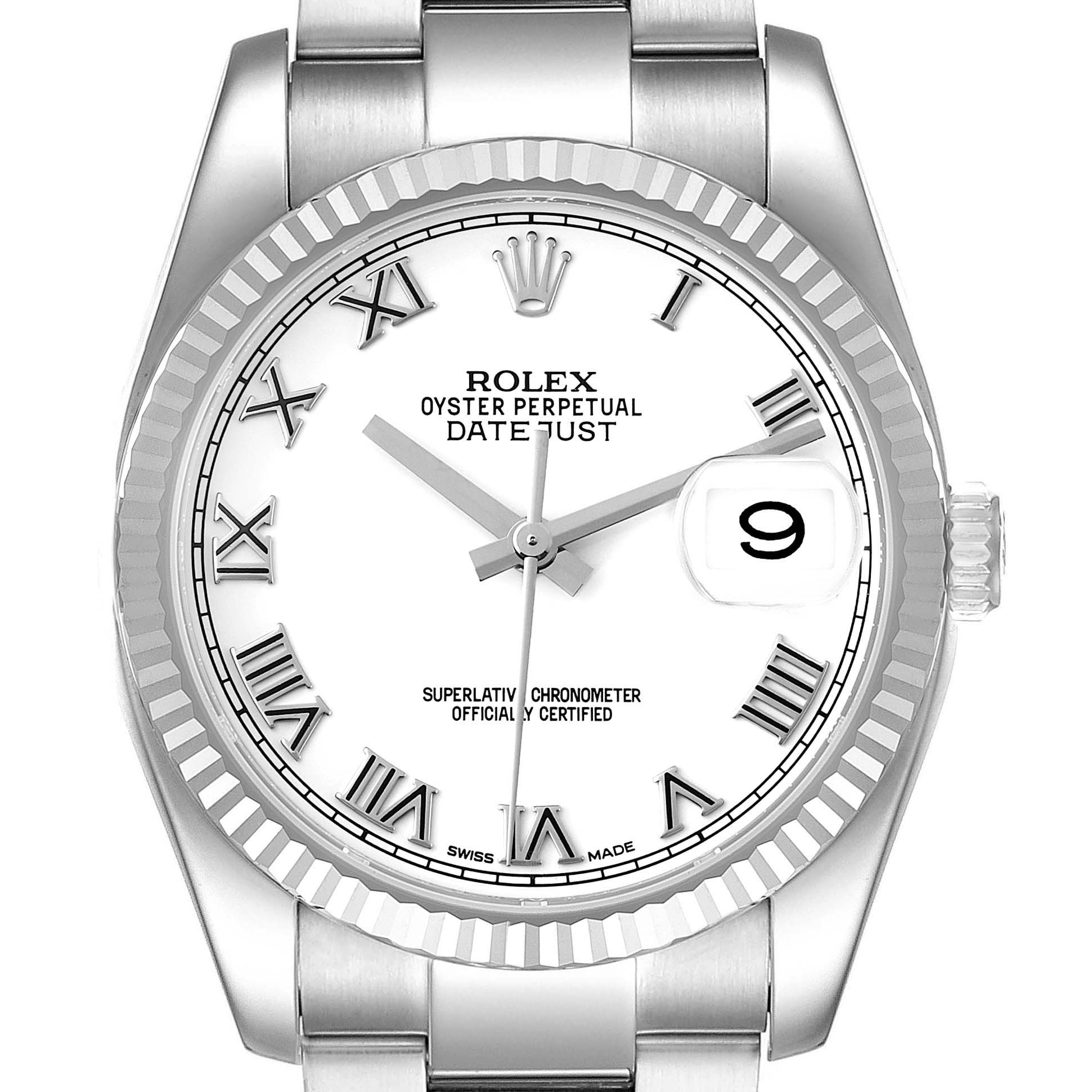 The image shows a front view of a Rolex Datejust 116234 Men's Stainless Steel White Dial 116234 Men's Stainless Steel White Dial watch, featuring its dial, bezel, crown, and part of the bracelet.