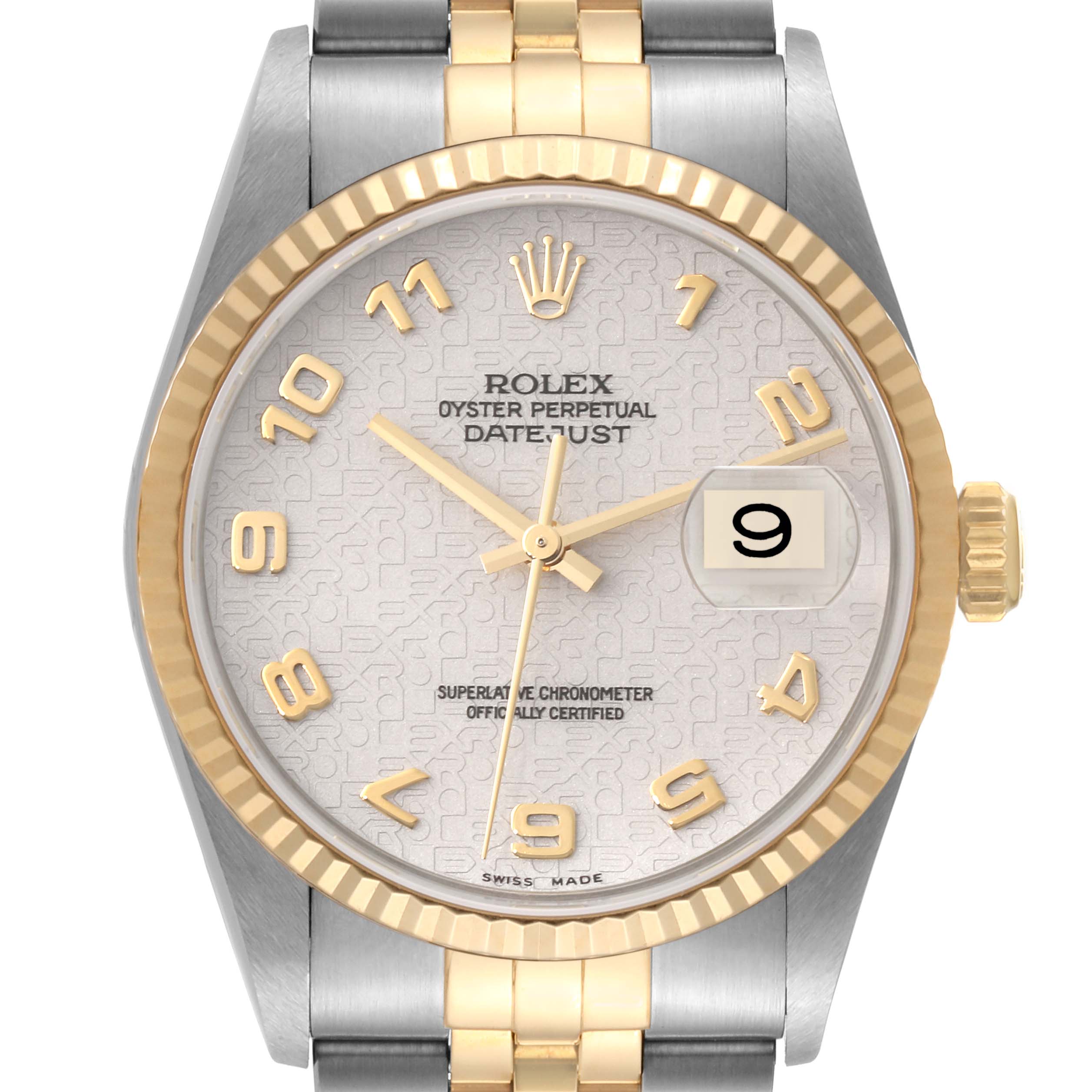 The image shows a Rolex Datejust 16233 Men's Steel and Gold (two tone) Beige Dial 16233 Men's Steel and Gold (two tone) Beige Dial watch from a frontal angle, featuring its dial, bezel, and part of the bracelet.