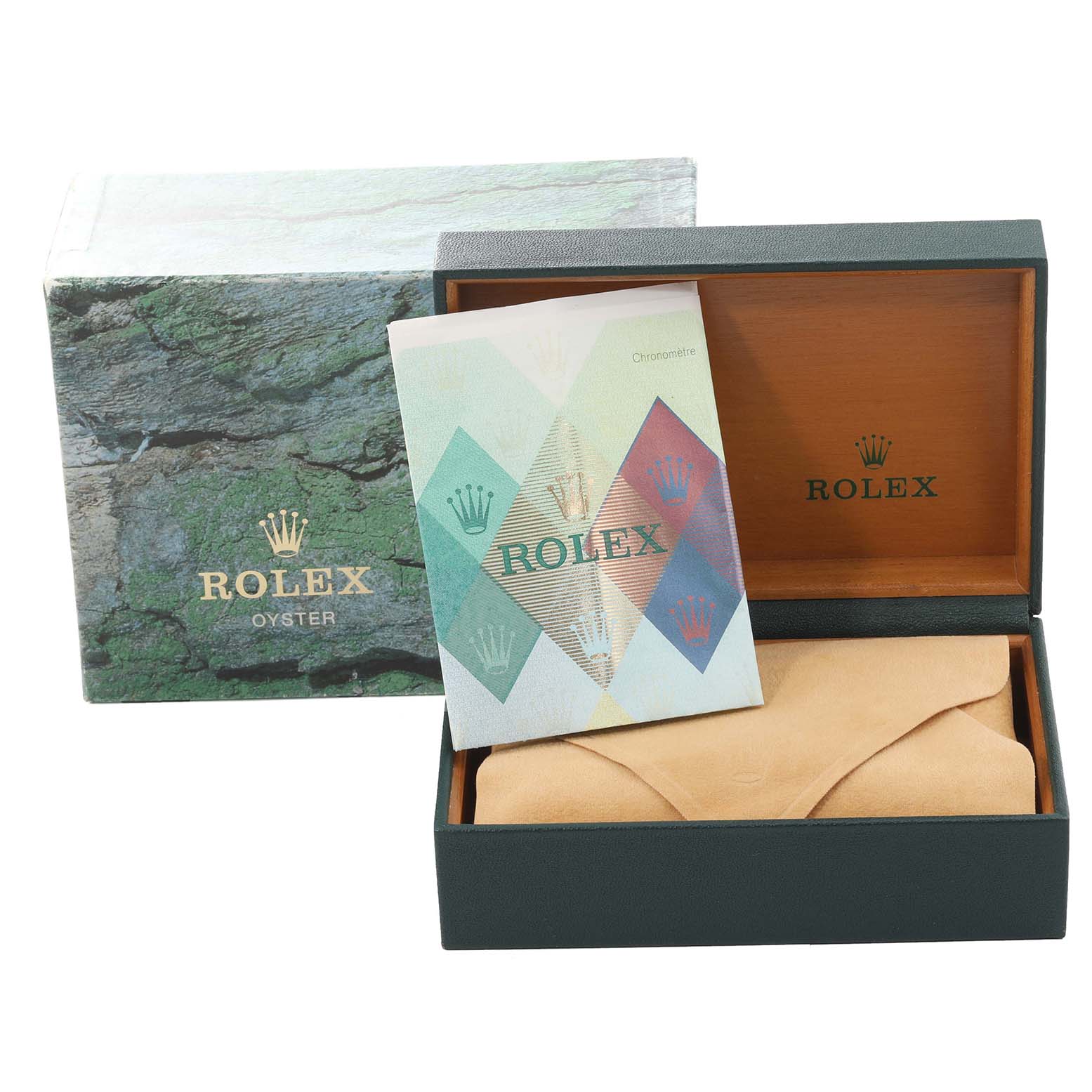 This image shows a Rolex Datejust 16233 Men's Steel and Gold (two tone) Beige Dial 16233 Men's Steel and Gold (two tone) Beige Dial model box, with the inner cushion and a Rolex booklet displayed.