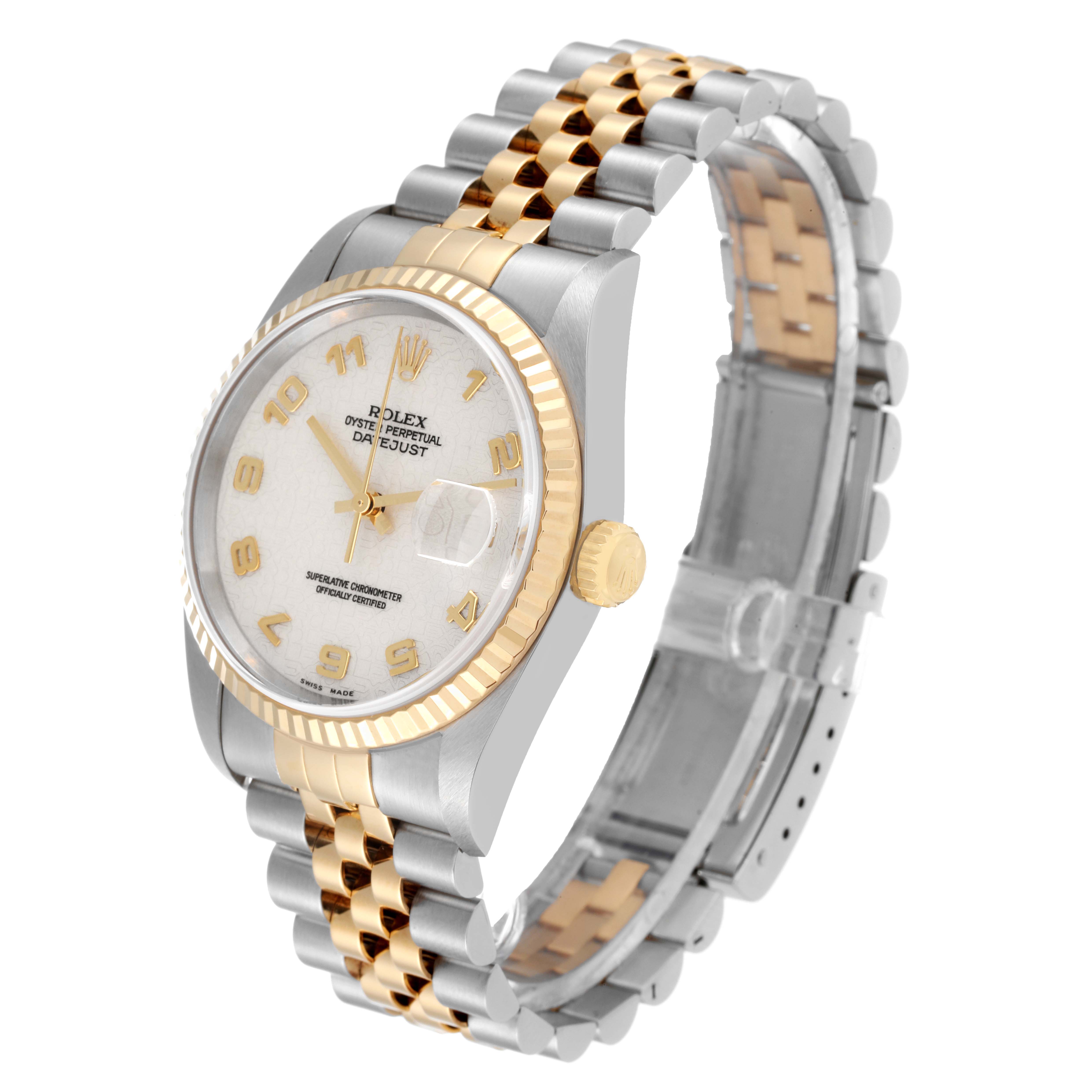 This image shows a Rolex Datejust 16233 Men's Steel and Gold (two tone) Beige Dial 16233 Men's Steel and Gold (two tone) Beige Dial watch from a slight angle, highlighting its bezel, crown, dial, and two-tone bracelet.