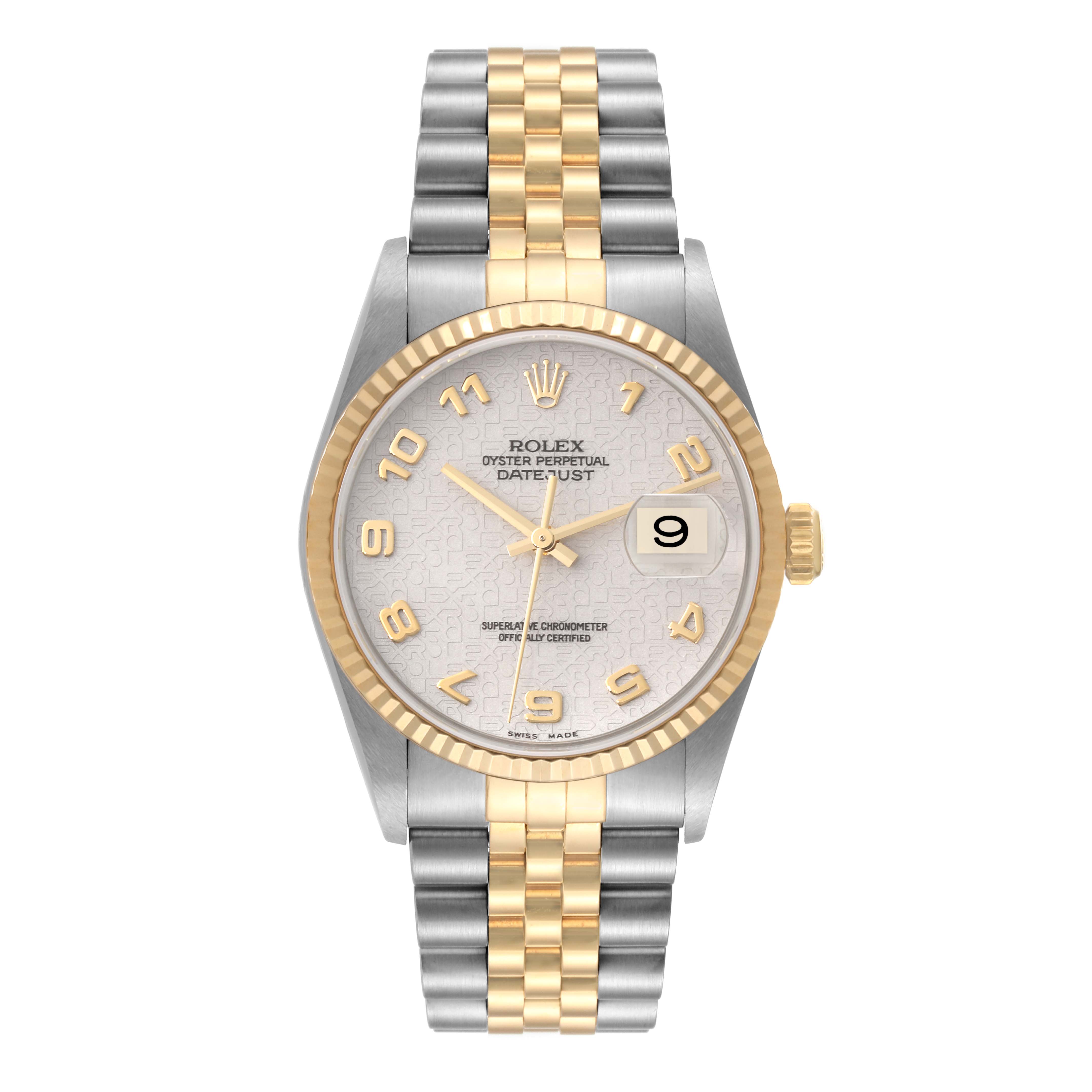 The image shows a frontal view of the Rolex Datejust 16233 Men's Steel and Gold (two tone) Beige Dial 16233 Men's Steel and Gold (two tone) Beige Dial watch, featuring a two-tone bracelet and a gold bezel.