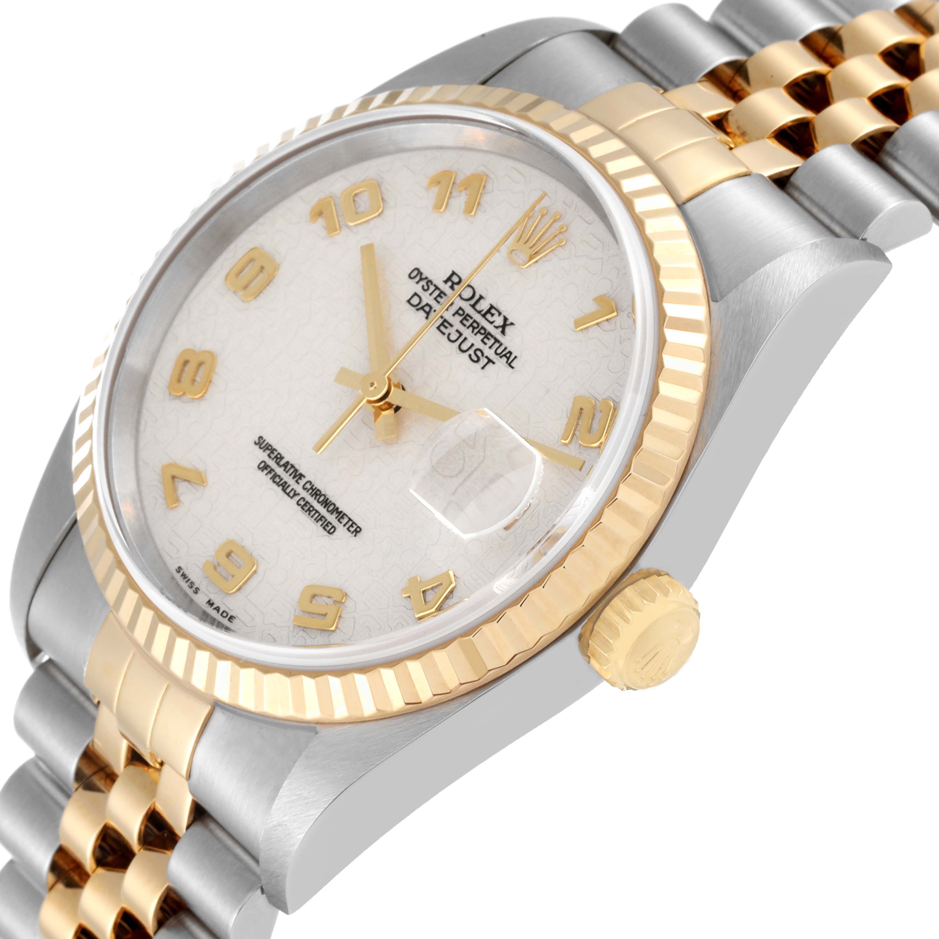 The image shows a close-up side angle of a Rolex Datejust 16233 Men's Steel and Gold (two tone) Beige Dial 16233 Men's Steel and Gold (two tone) Beige Dial watch, highlighting the case, dial, bezel, and bracelet.