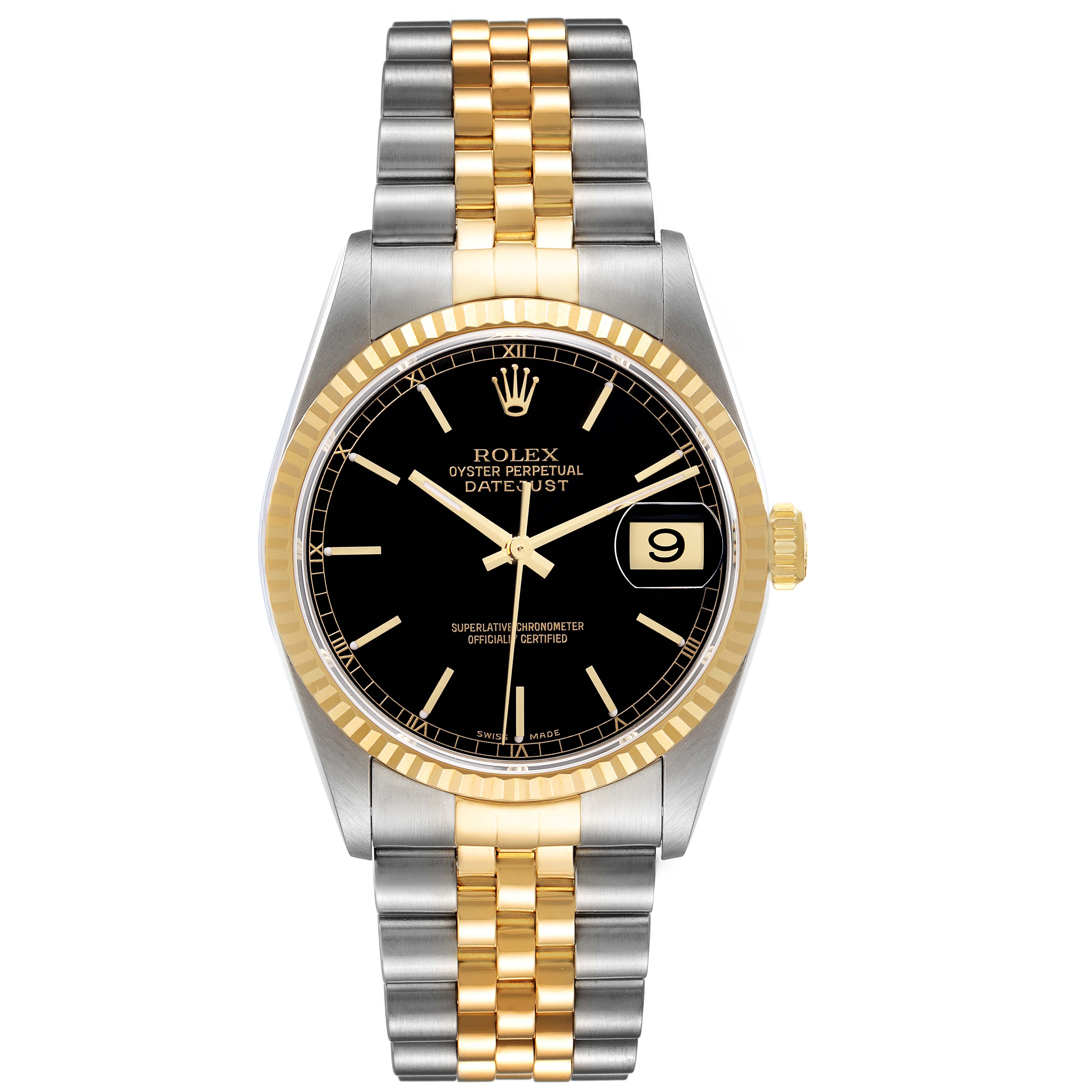 The image shows a front view of a Rolex Datejust 16233 Men's Steel and Gold (two tone) Black Dial 16233 Men's Steel and Gold (two tone) Black Dial watch, displaying the face, bezel, and two-tone bracelet.