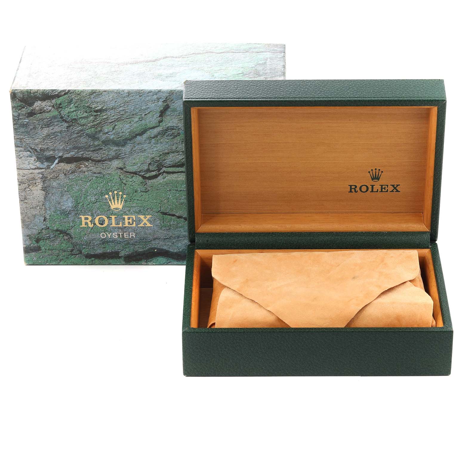 The image shows a Rolex Datejust 16233 Men's Steel and Gold (two tone) Black Dial 16233 Men's Steel and Gold (two tone) Black Dial watch box and an outer box with part of the watch wrapped in a beige cloth.