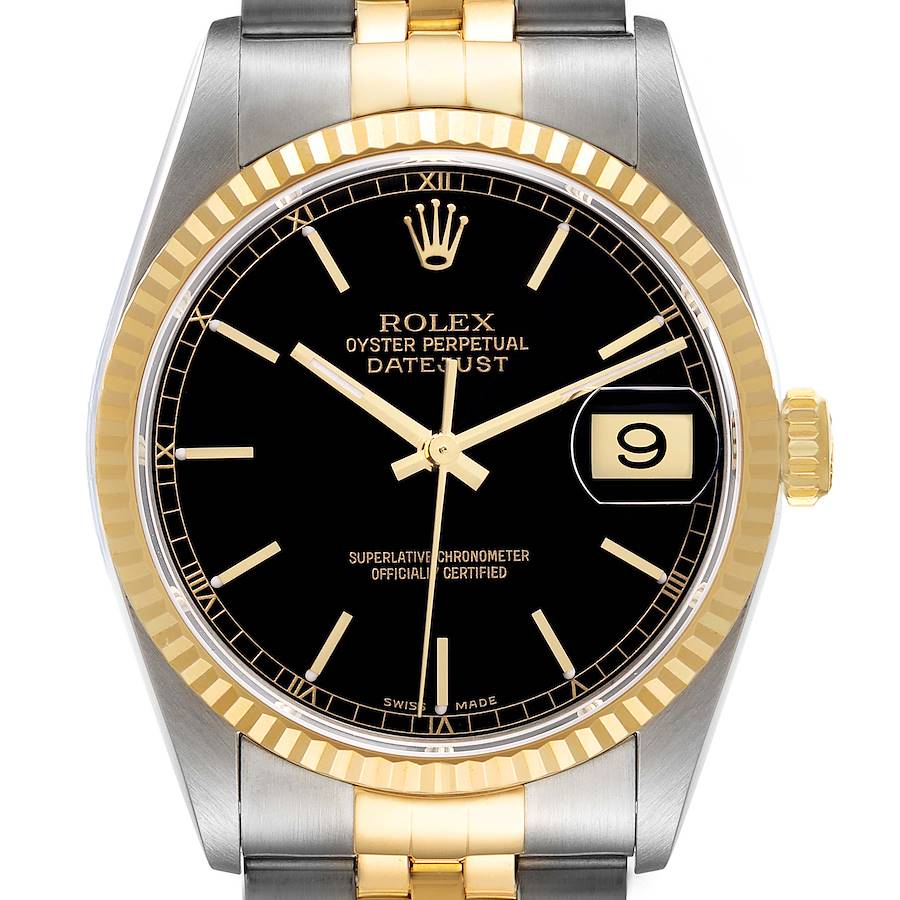 Rolex Datejust Steel Yellow Gold Black Dial Steel Mens Watch 16233 SwissWatchExpo