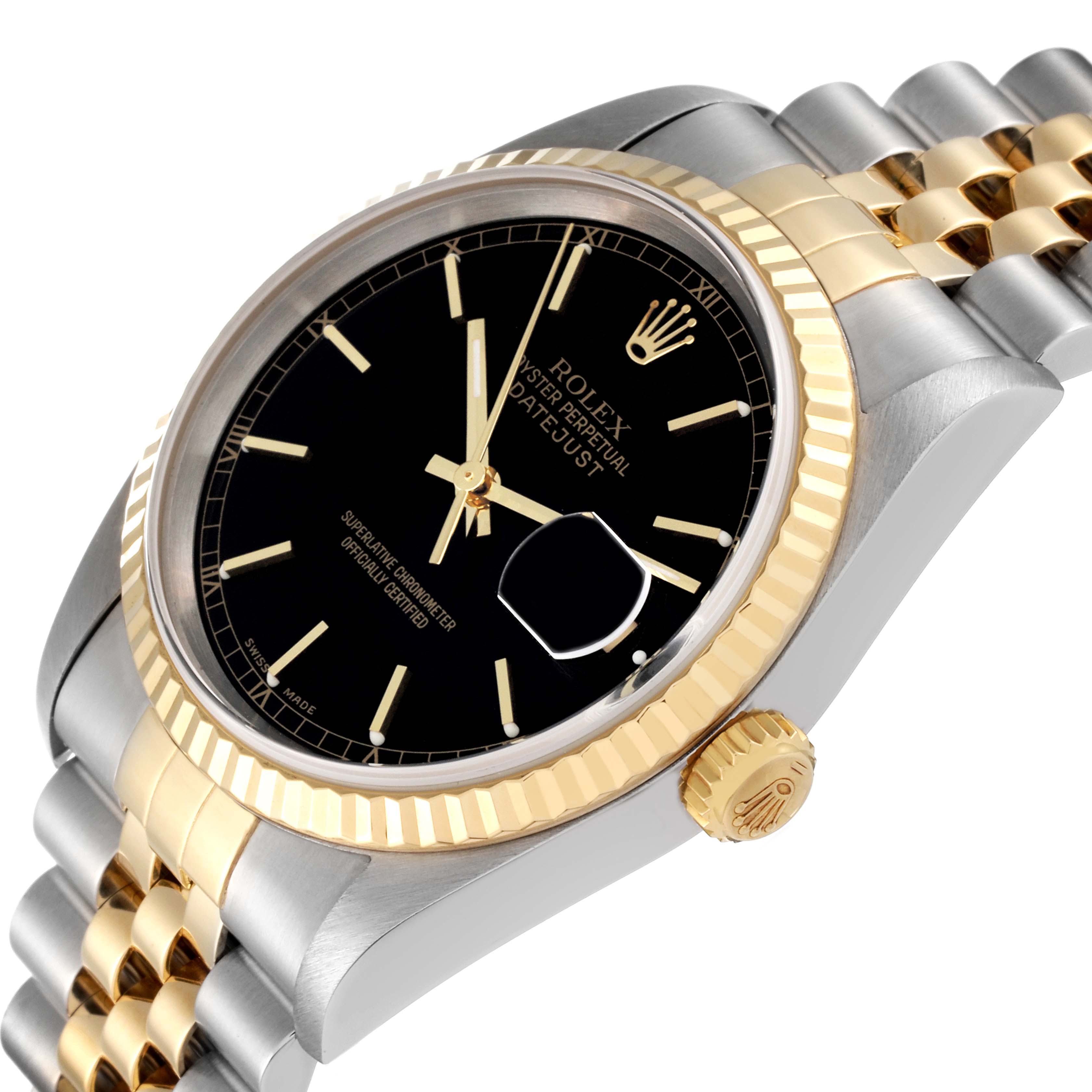The image shows a Rolex Datejust 16233 Men's Steel and Gold (two tone) Black Dial 16233 Men's Steel and Gold (two tone) Black Dial watch, highlighting its black dial, fluted bezel, and two-tone bracelet from a slightly angled perspective.