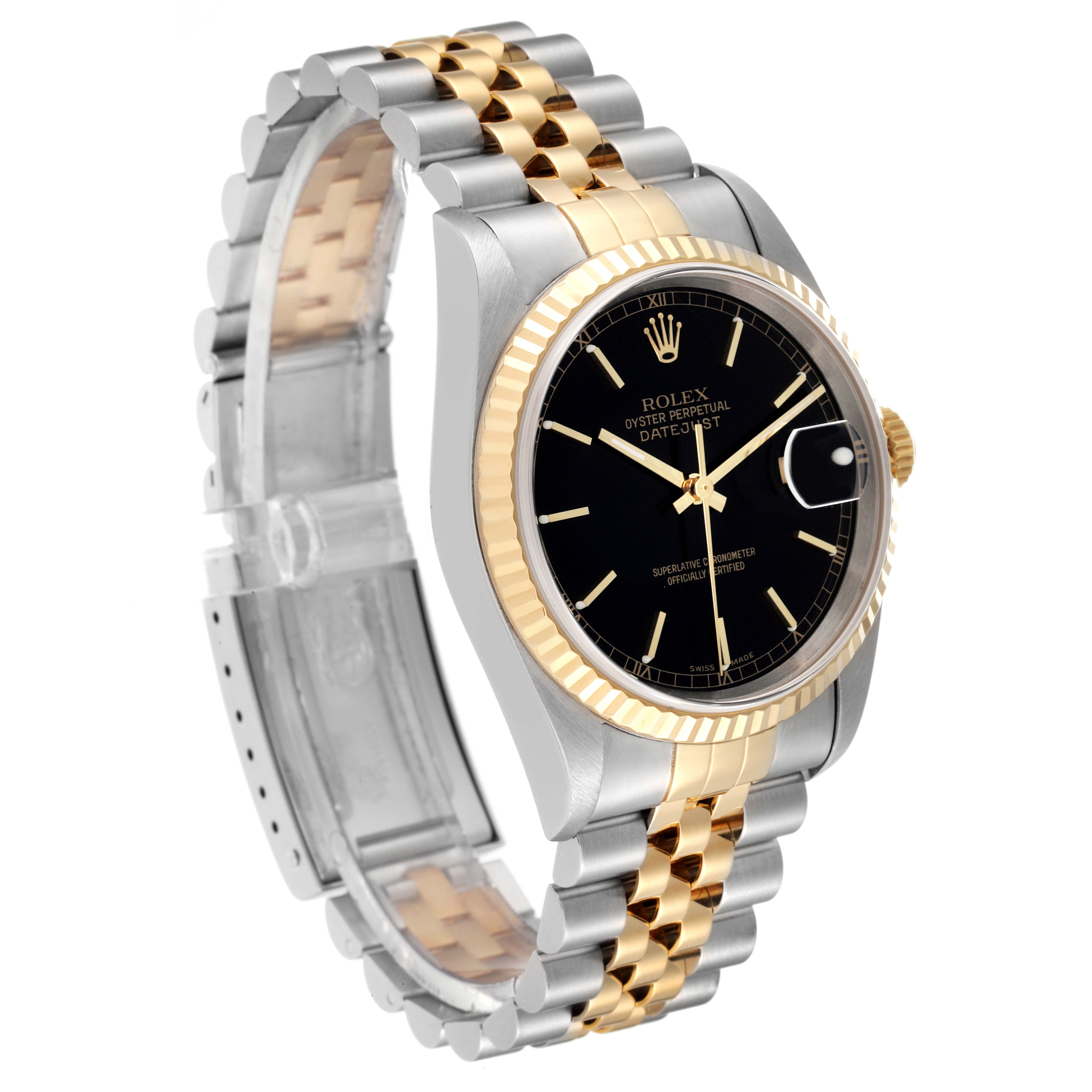 The Rolex Datejust 16233 Men's Steel and Gold (two tone) Black Dial 16233 Men's Steel and Gold (two tone) Black Dial watch is shown at an angle highlighting the dial, bezel, and two-tone bracelet.