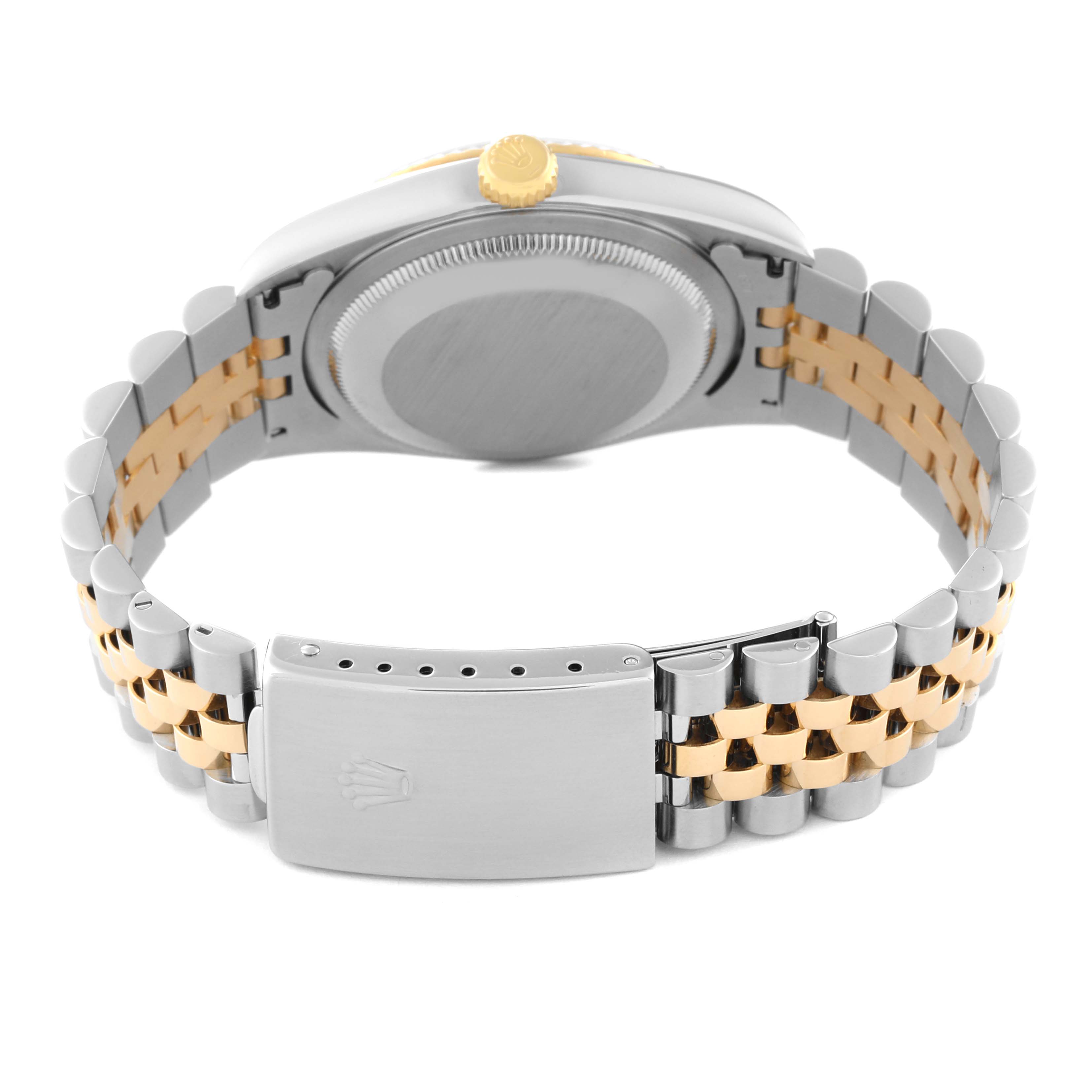 The image shows the back view of a Rolex Datejust 16233 Men's Steel and Gold (two tone) Black Dial 16233 Men's Steel and Gold (two tone) Black Dial watch, highlighting the clasp, bracelet, case back, and crown.