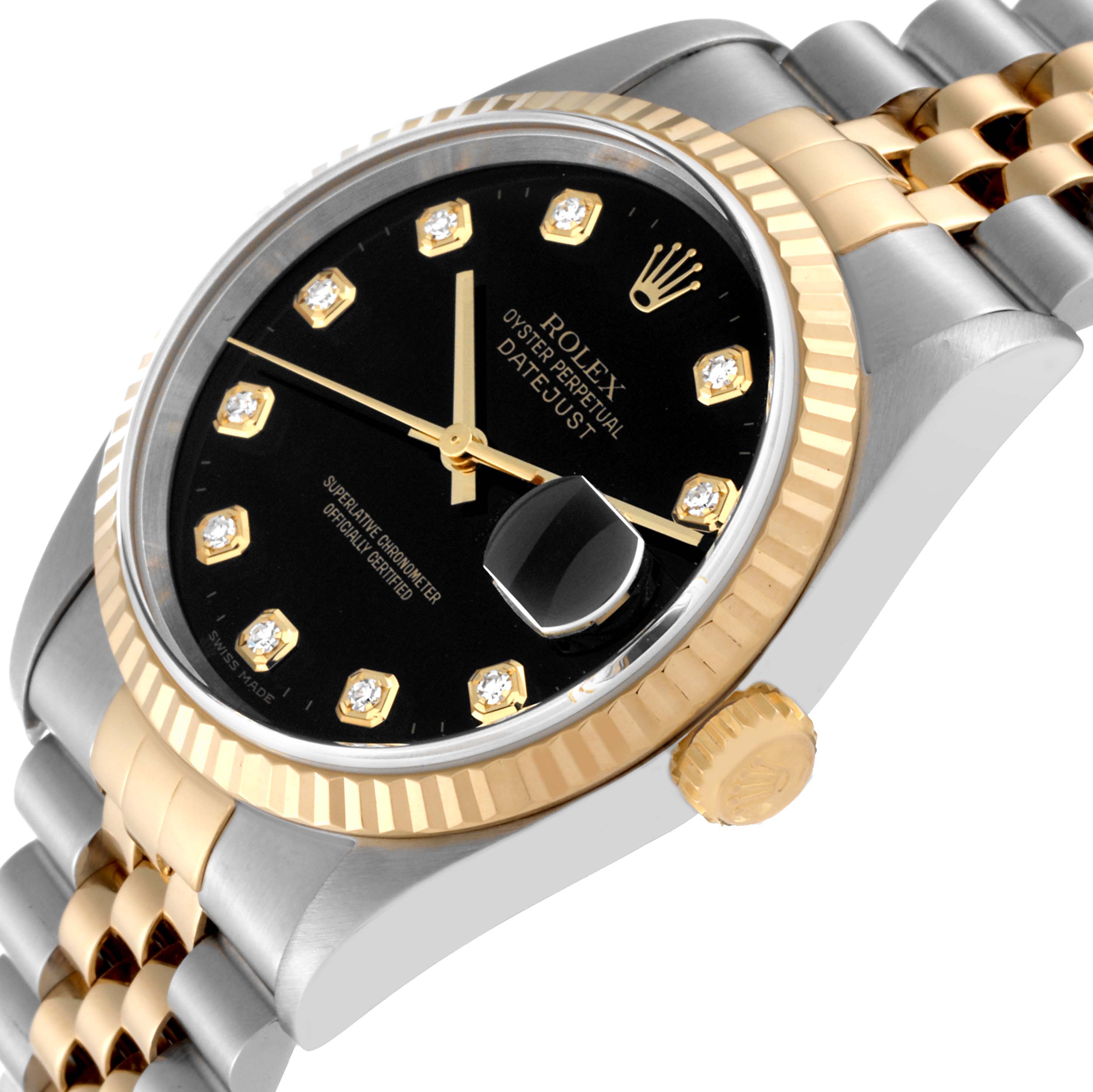This image shows a close-up angle of the Rolex Datejust 16233 Men's Steel and Gold (two tone) Black Dial 16233 Men's Steel and Gold (two tone) Black Dial model, highlighting the dial, crown, and bracelet.