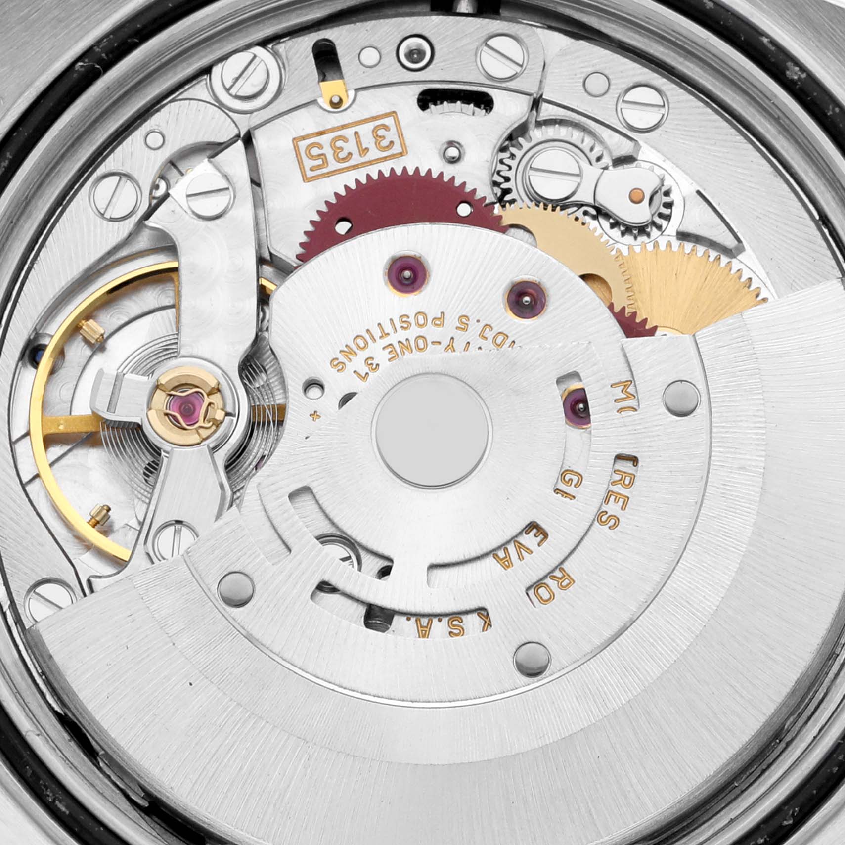 This image shows a close-up view of the internal mechanism of a Rolex Datejust 16233 Men's Steel and Gold (two tone) Black Dial 16233 Men's Steel and Gold (two tone) Black Dial watch, highlighting the movement and gears.