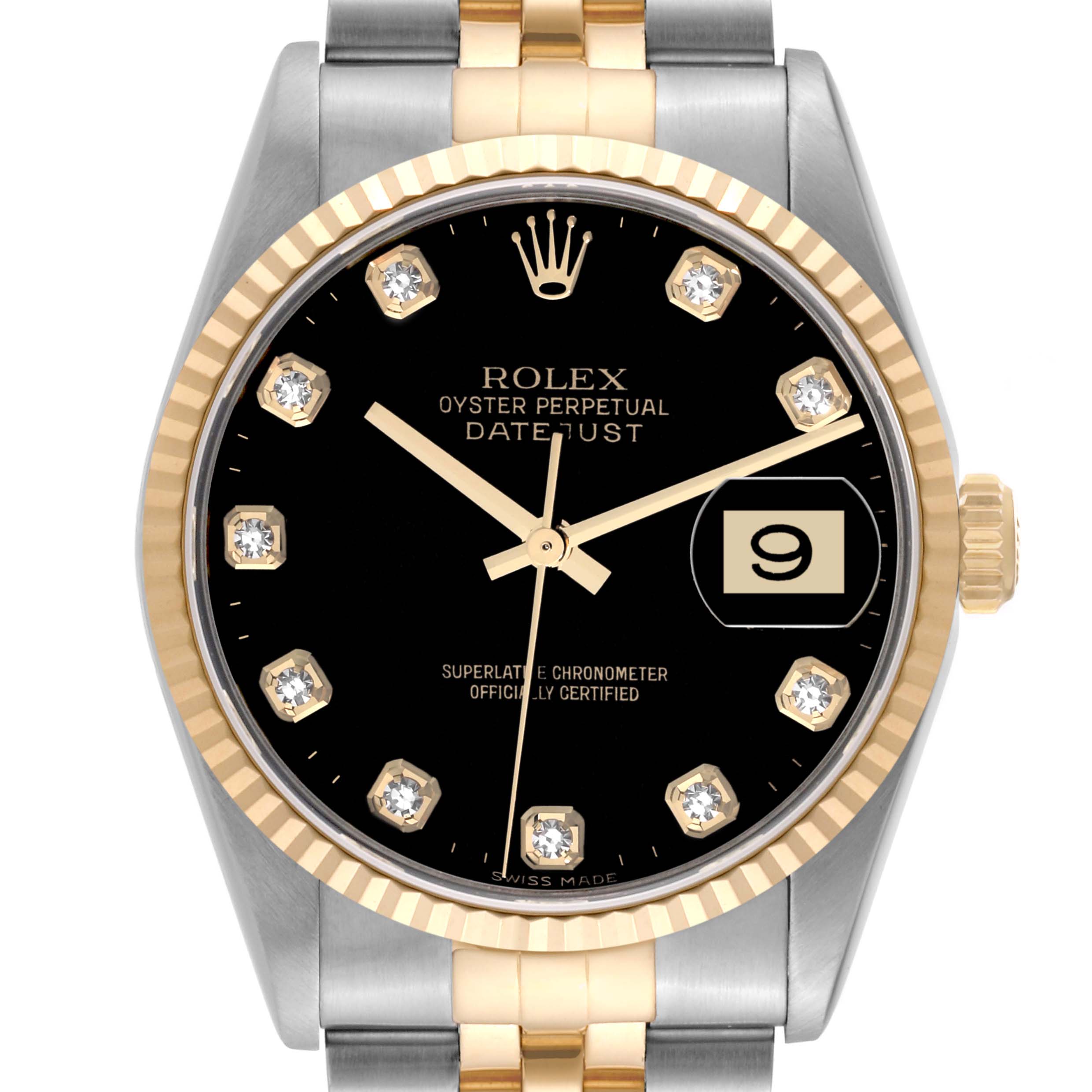 This is a front view of the Rolex Datejust 16233 Men's Steel and Gold (two tone) Black Dial 16233 Men's Steel and Gold (two tone) Black Dial, showing the dial, hands, date window, and dual-tone bracelet.