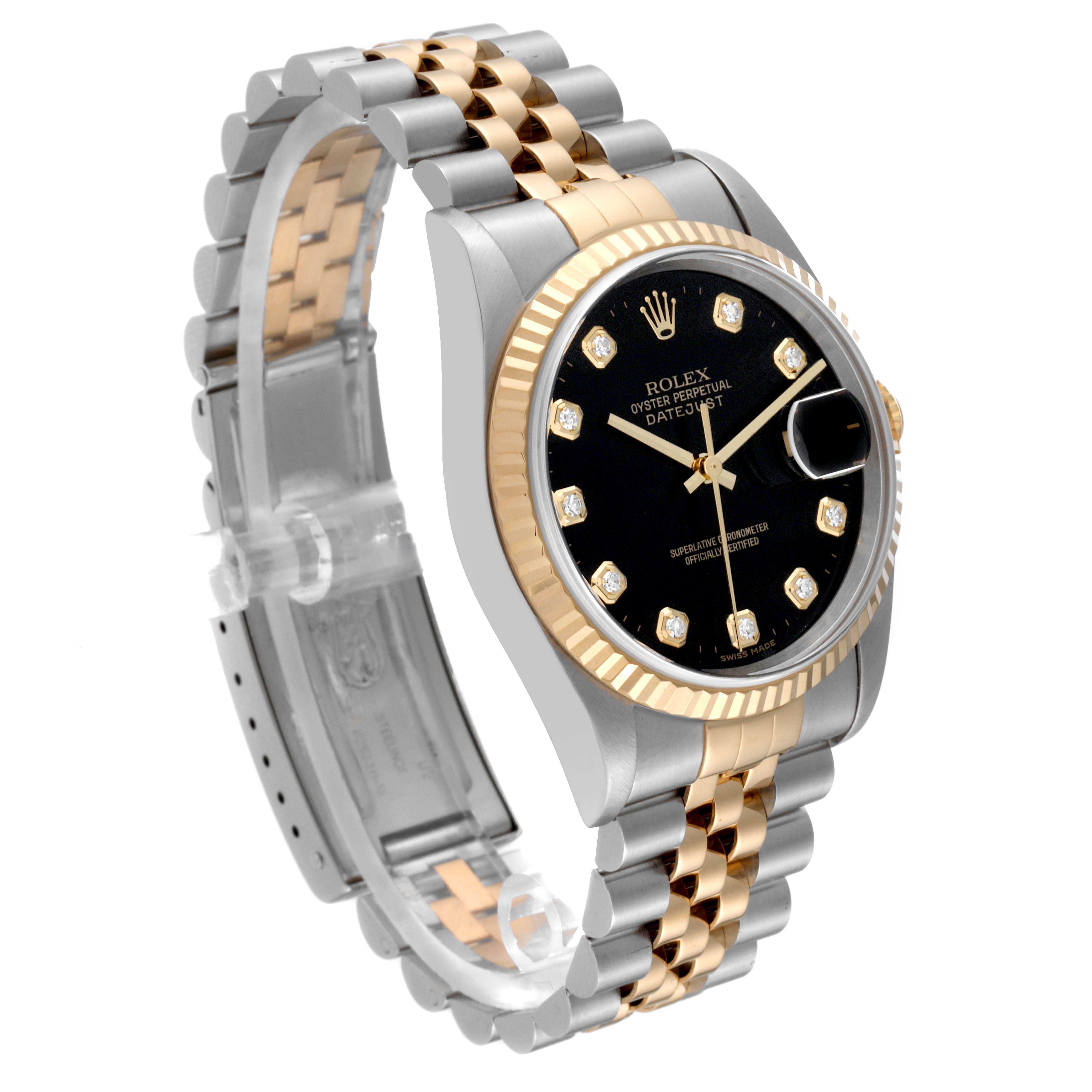 The image shows a Rolex Datejust 16233 Men's Steel and Gold (two tone) Black Dial 16233 Men's Steel and Gold (two tone) Black Dial watch at a slight angle, highlighting its black dial, two-tone bracelet, and date function.