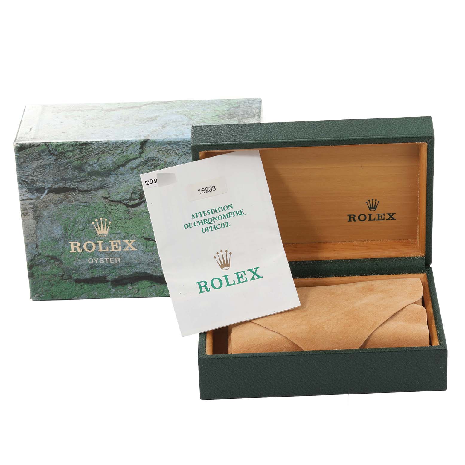 The image shows the packaging and certificate of a Rolex Datejust 16233 Men's Steel and Gold (two tone) Black Dial 16233 Men's Steel and Gold (two tone) Black Dial watch, including the outer box, inner box, and documentation.