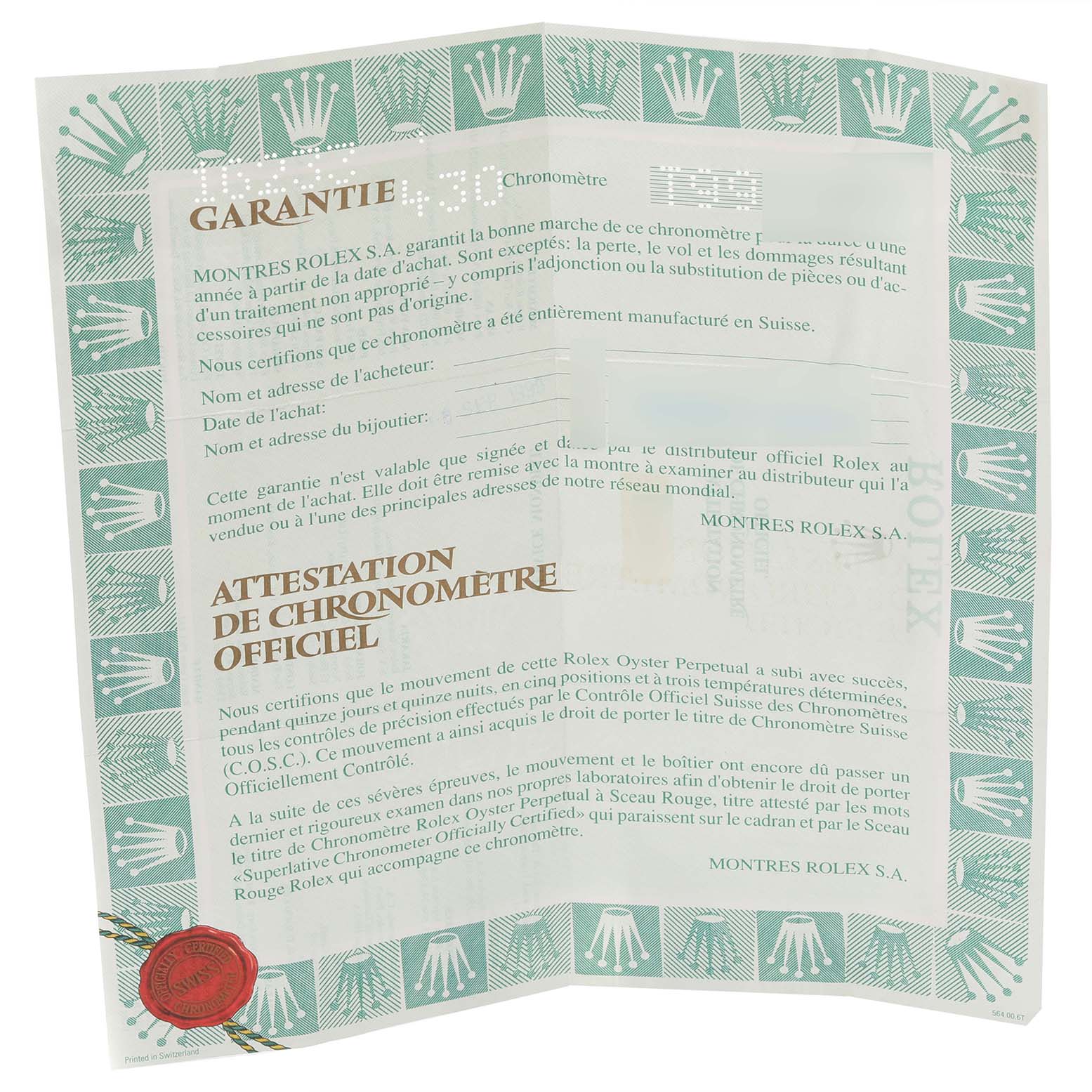 This image shows the warranty certificate for a Rolex Datejust 16233 Men's Steel and Gold (two tone) Black Dial 16233 Men's Steel and Gold (two tone) Black Dial model, emphasizing the "Garantie" and "Attestation de Chronomètre Officiel" sections.