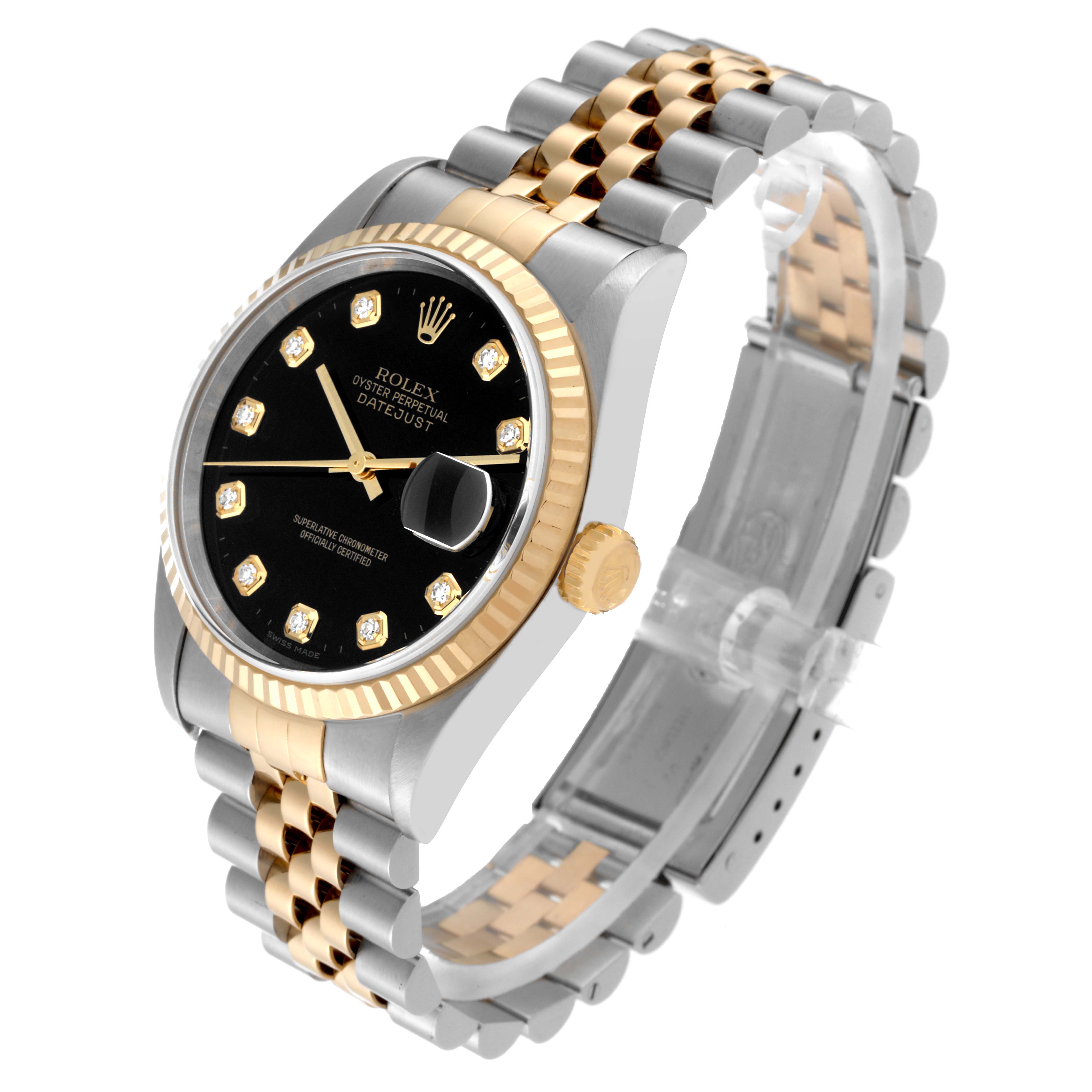 The image shows a Rolex Datejust 16233 Men's Steel and Gold (two tone) Black Dial 16233 Men's Steel and Gold (two tone) Black Dial watch at an angled side view, highlighting the dial, bezel, case, and jubilee bracelet.