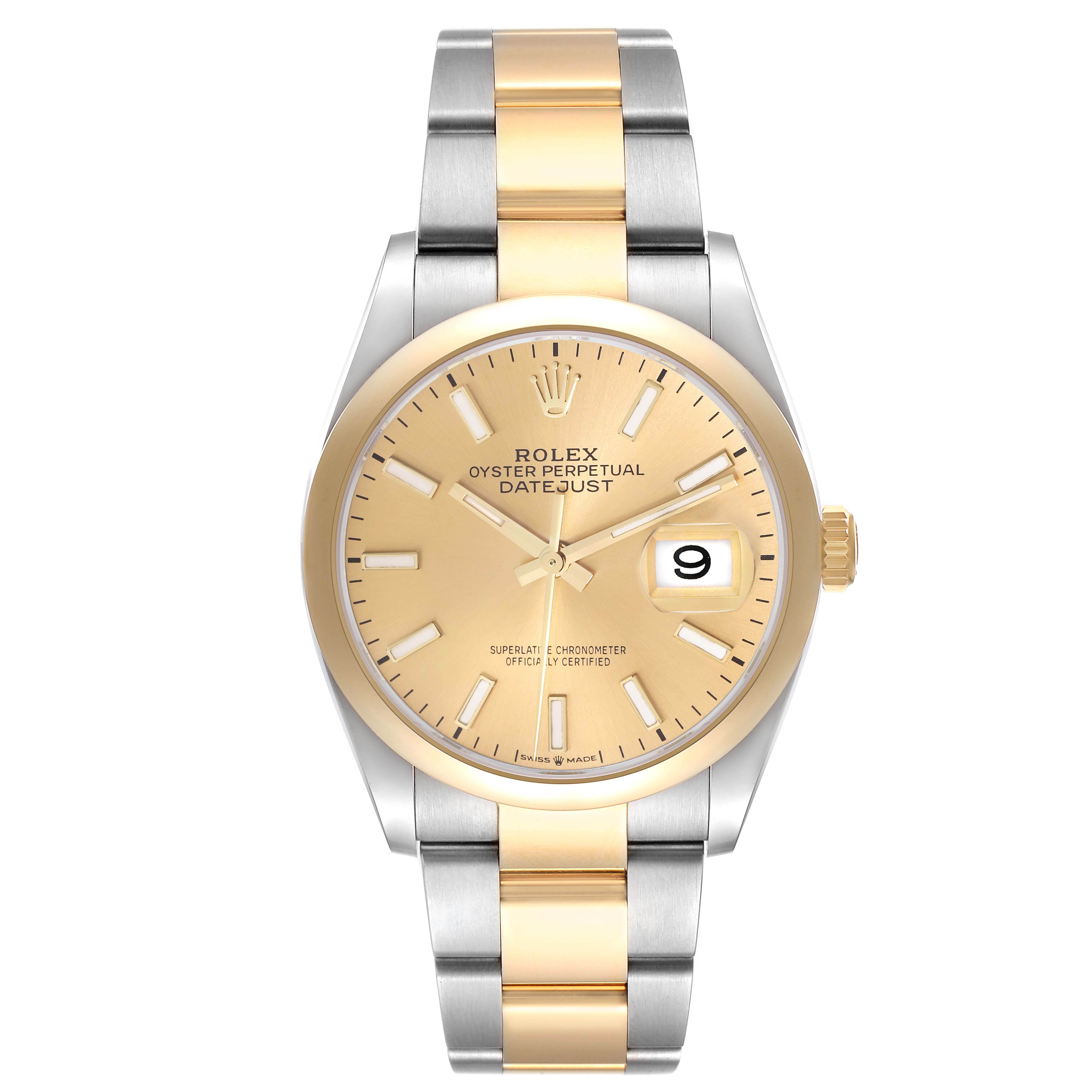 This image shows a front view of a Rolex Datejust 126203 Men's Steel and Gold (two tone) Champagne Dial 126203 Men's Steel and Gold (two tone) Champagne Dial watch with a gold and silver bracelet and a champagne dial.